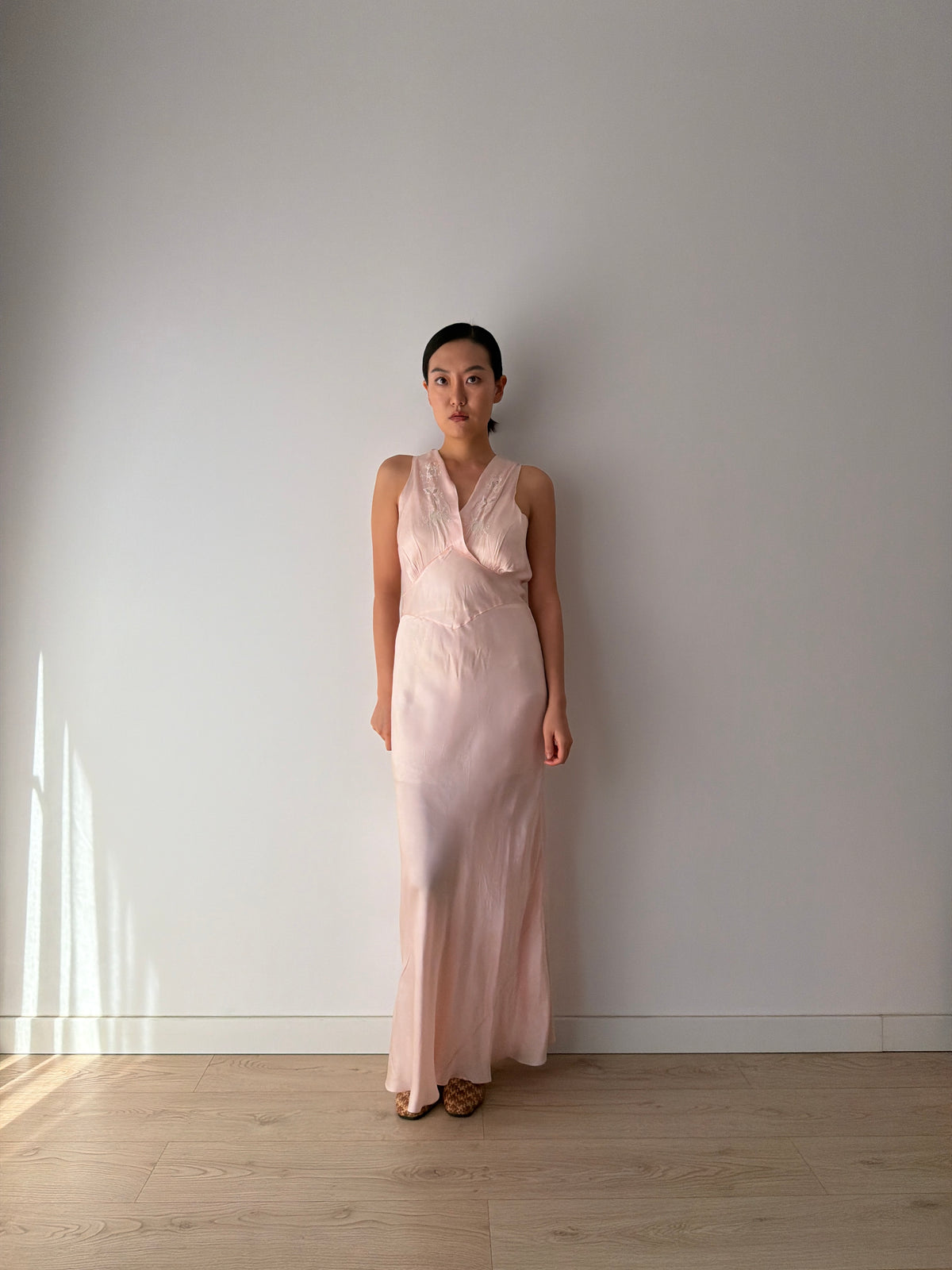 1930s–1940s Bias cut Pink Satin Nightgown, Floral Embroidery and Crossover V Neck, Vintage Maxi Dress