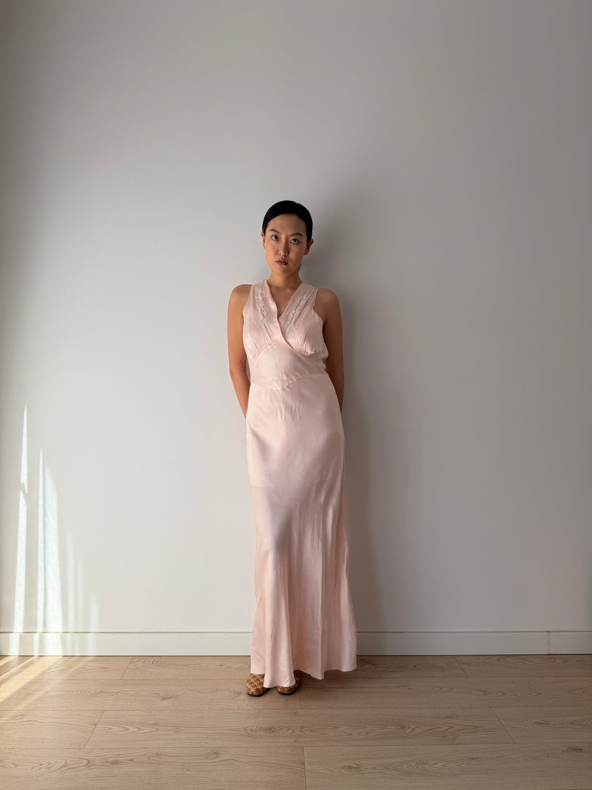 1930s–1940s Bias cut Pink Satin Nightgown, Floral Embroidery and Crossover V Neck, Vintage Maxi Dress