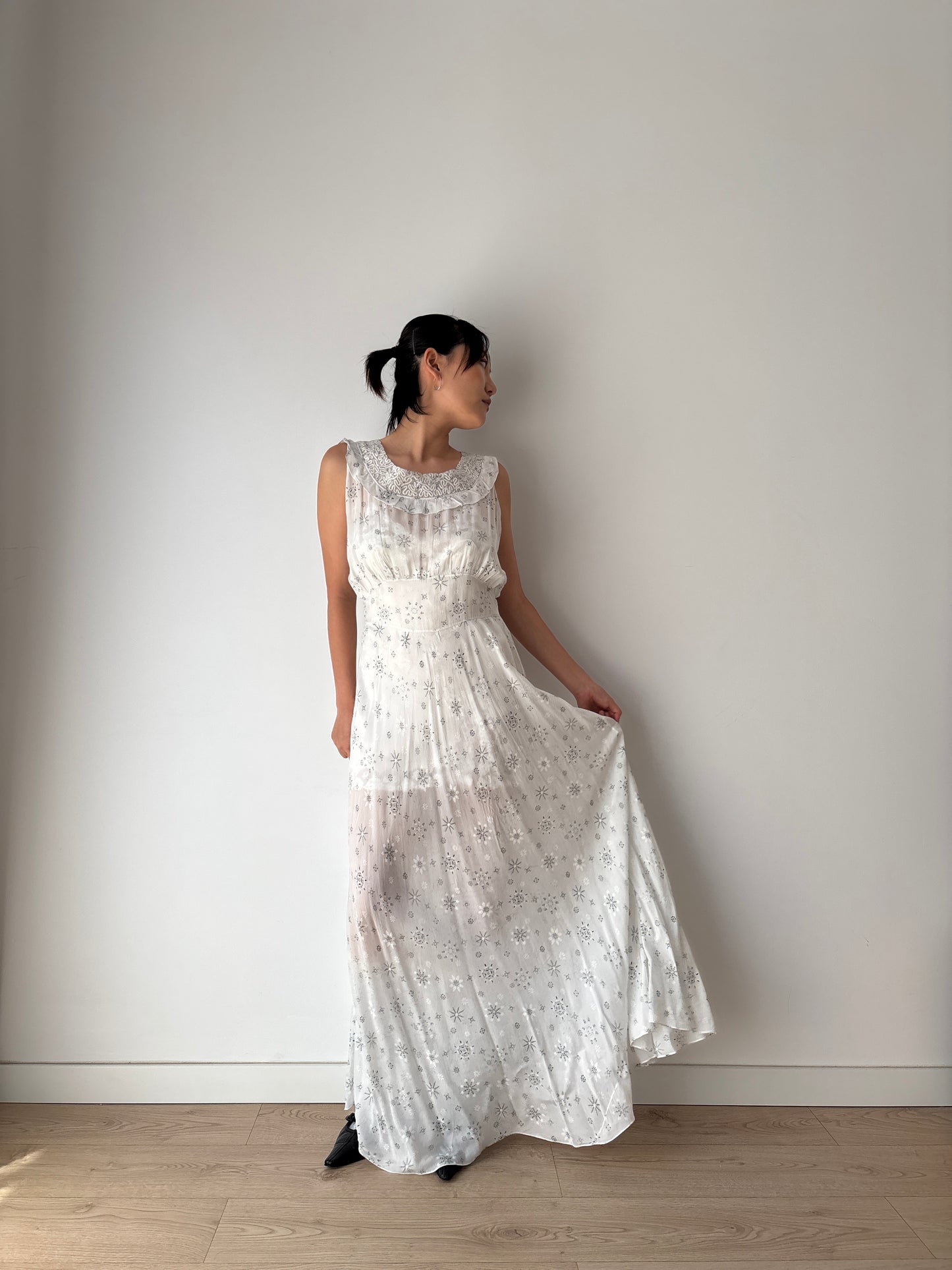 vintage 1940s blue print silk lace ribbon art deco style bias cut dress