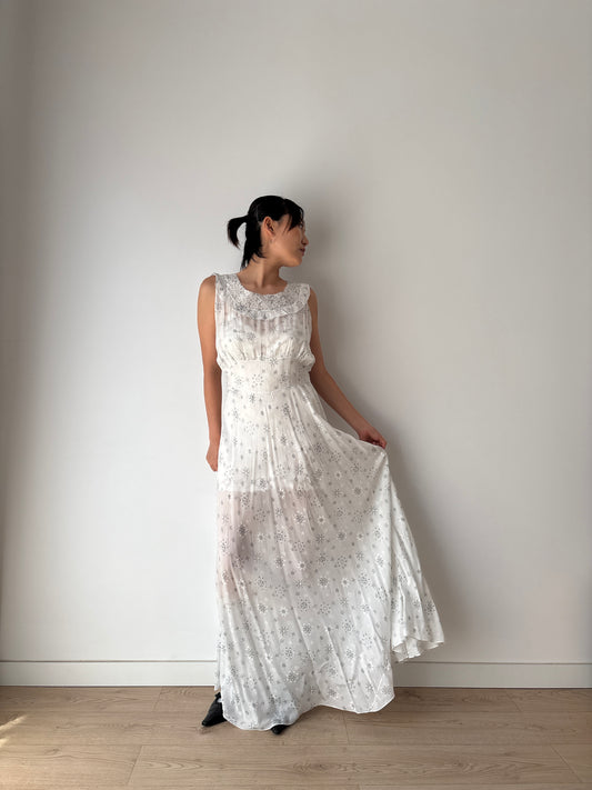 vintage 1940s blue print silk lace ribbon art deco style bias cut dress