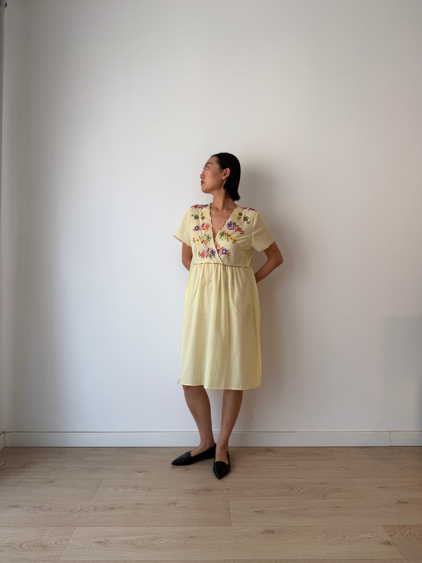 1940s Flower Embroidered Cotton Nightgown in Yellow: Long Slip Dress