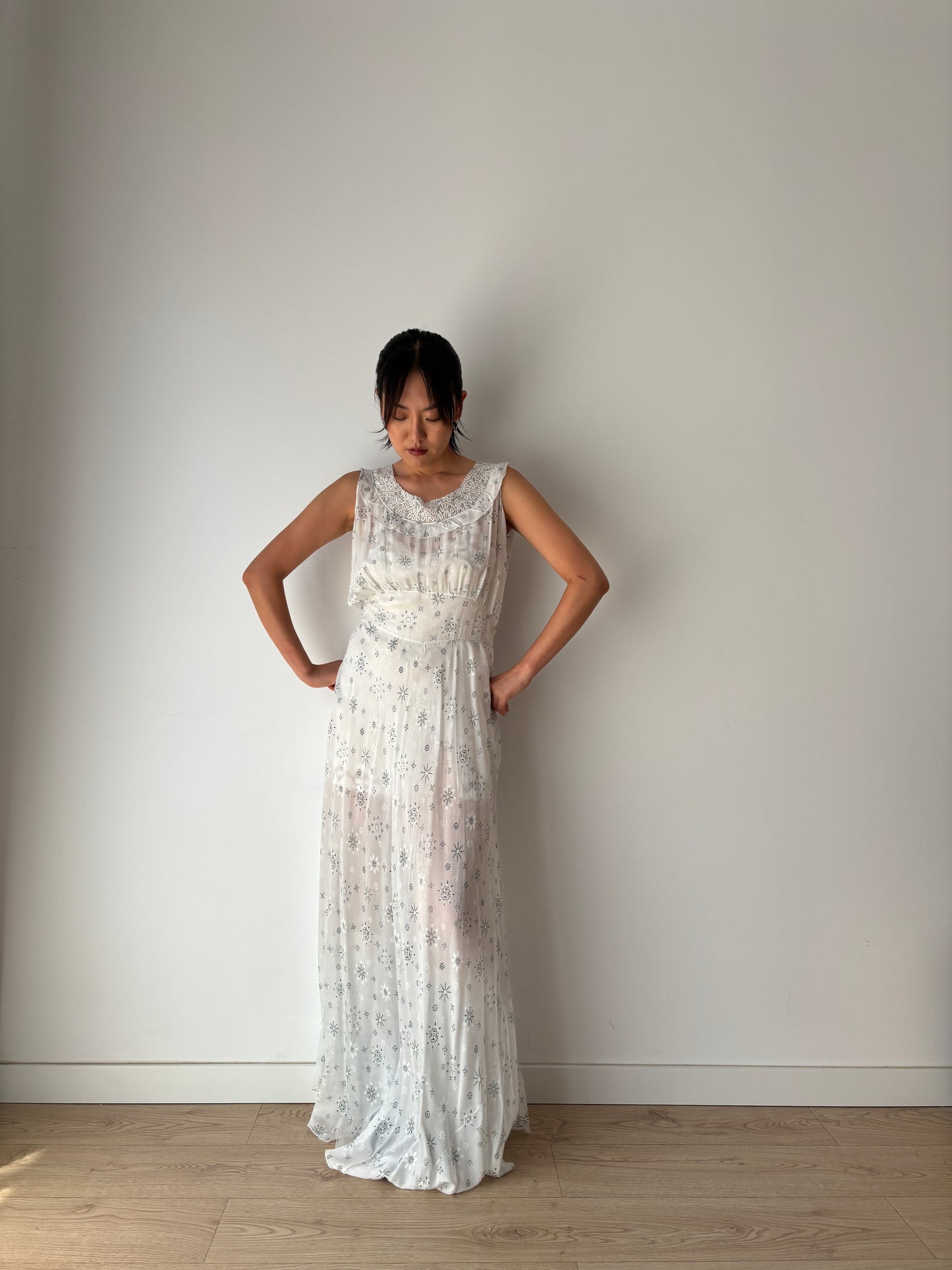 vintage 1940s blue print silk lace ribbon art deco style bias cut dress