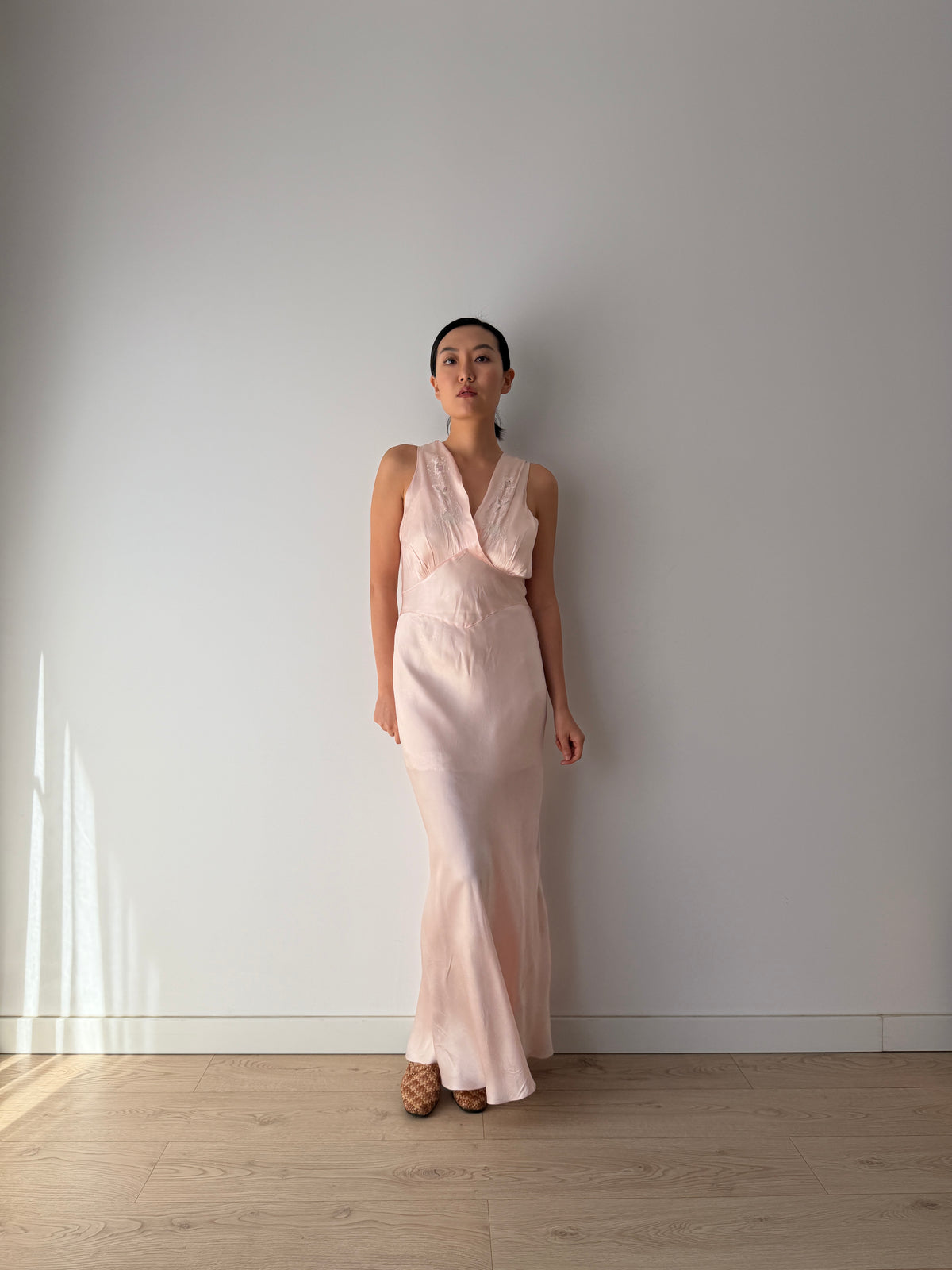 1930s–1940s Bias cut Pink Satin Nightgown, Floral Embroidery and Crossover V Neck, Vintage Maxi Dress
