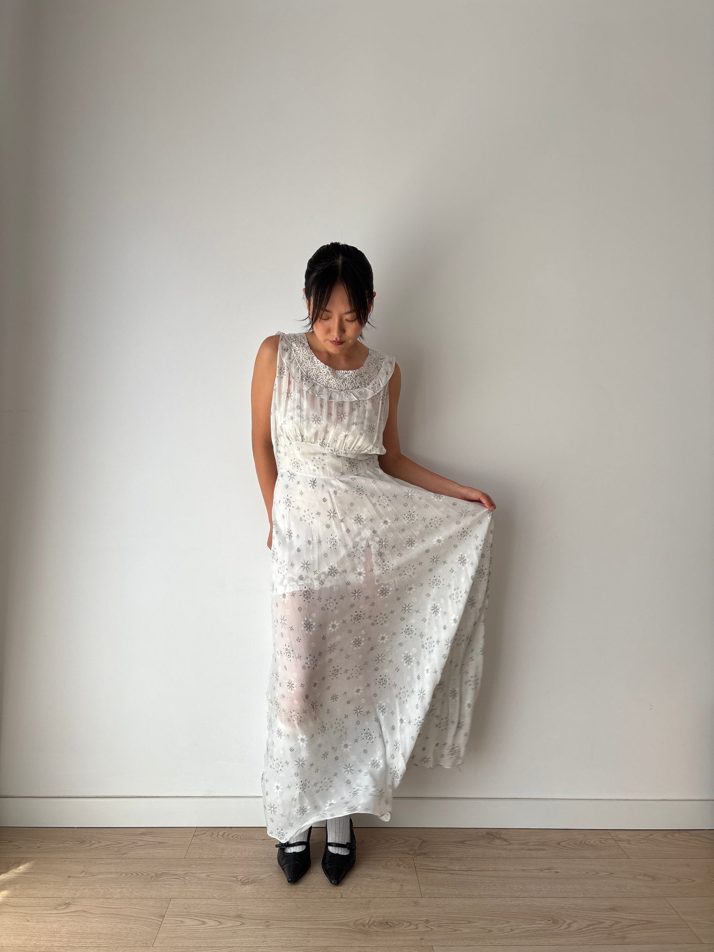 vintage 1940s blue print silk lace ribbon art deco style bias cut dress