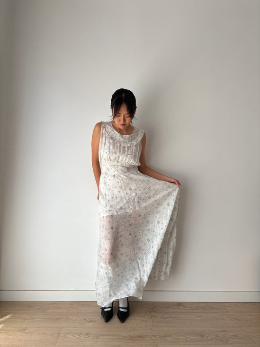 vintage 1940s blue print silk lace ribbon art deco style bias cut dress