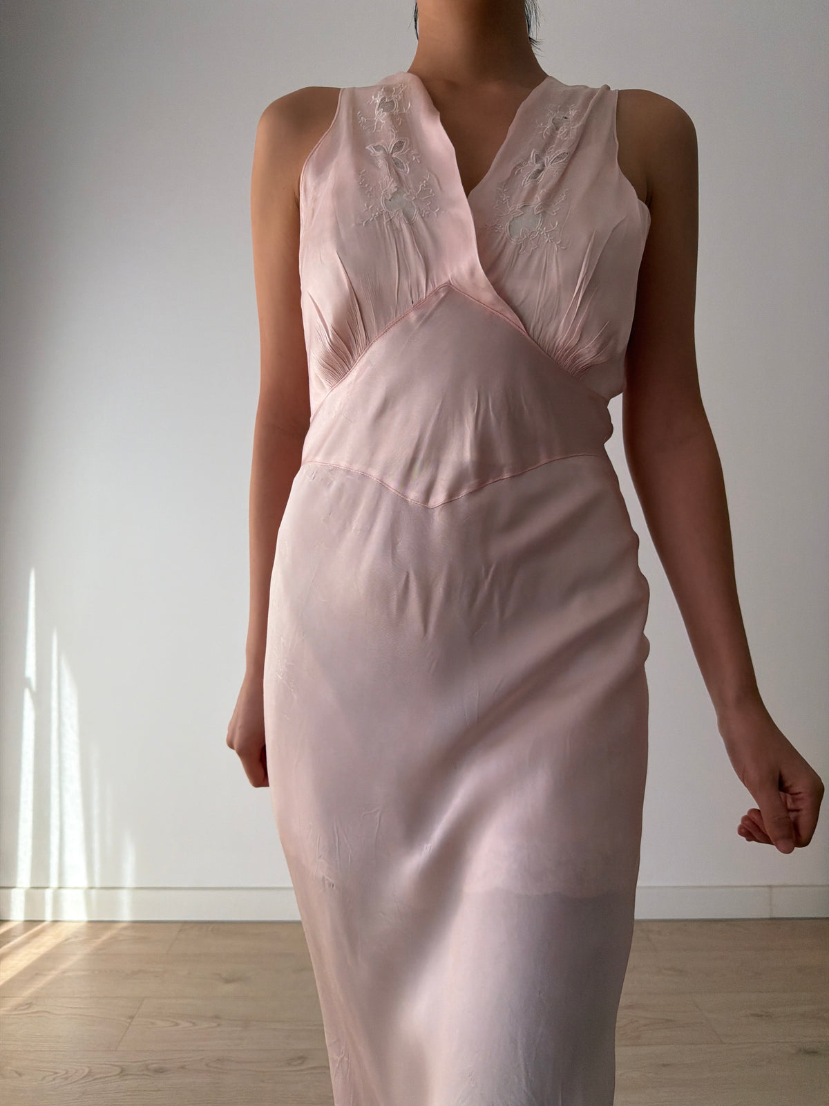 1930s–1940s Bias cut Pink Satin Nightgown, Floral Embroidery and Crossover V Neck, Vintage Maxi Dress