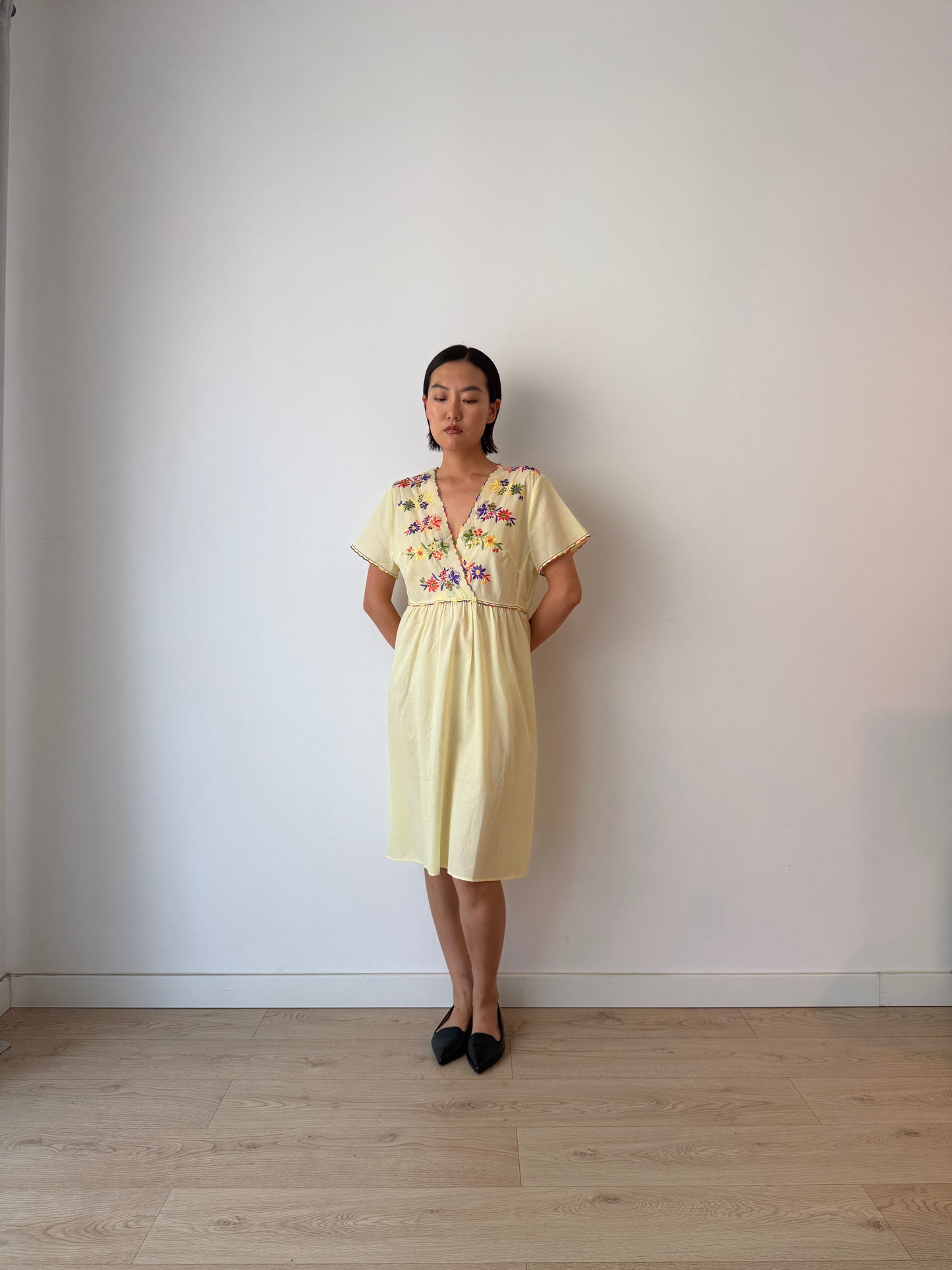 1940s Flower Embroidered Cotton Nightgown in Yellow: Long Slip Dress