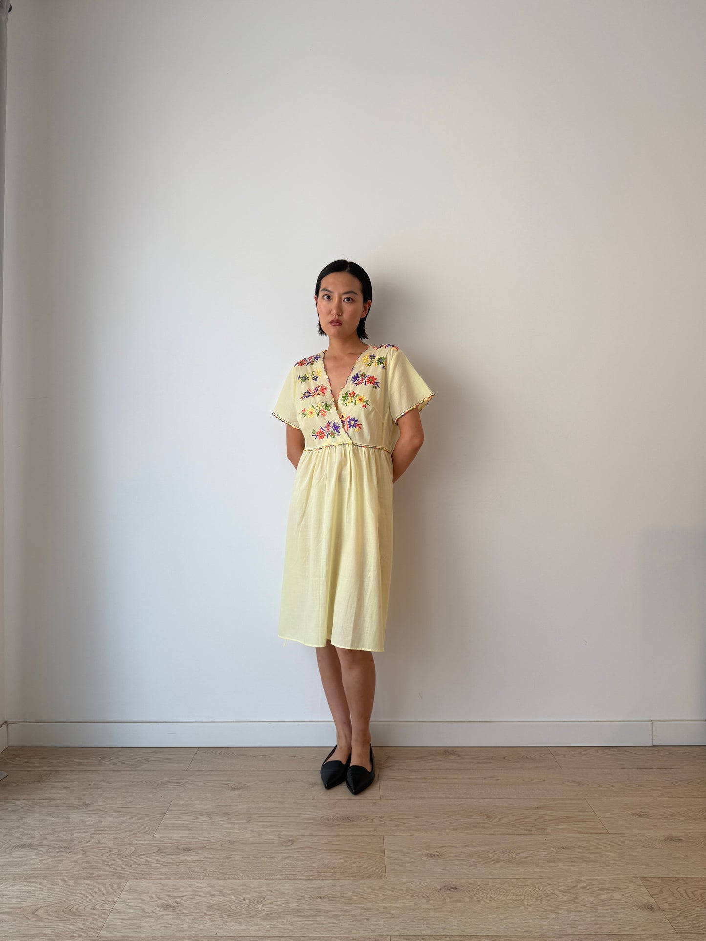 1940s Flower Embroidered Cotton Nightgown in Yellow: Long Slip Dress