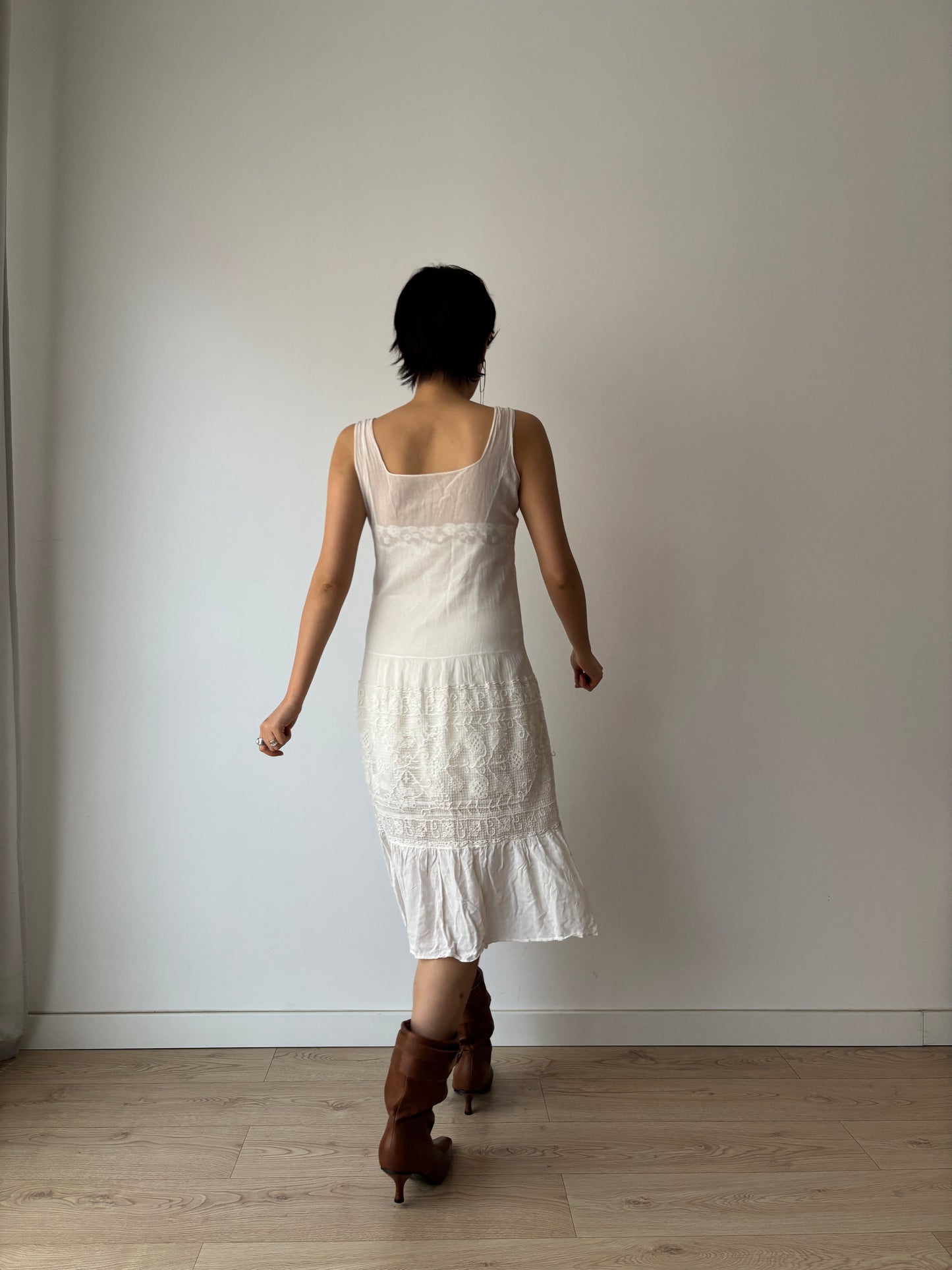 1930s White Cotton Lace NightDress: Handmade Embroidered & Knitted Details in Fine Cotton