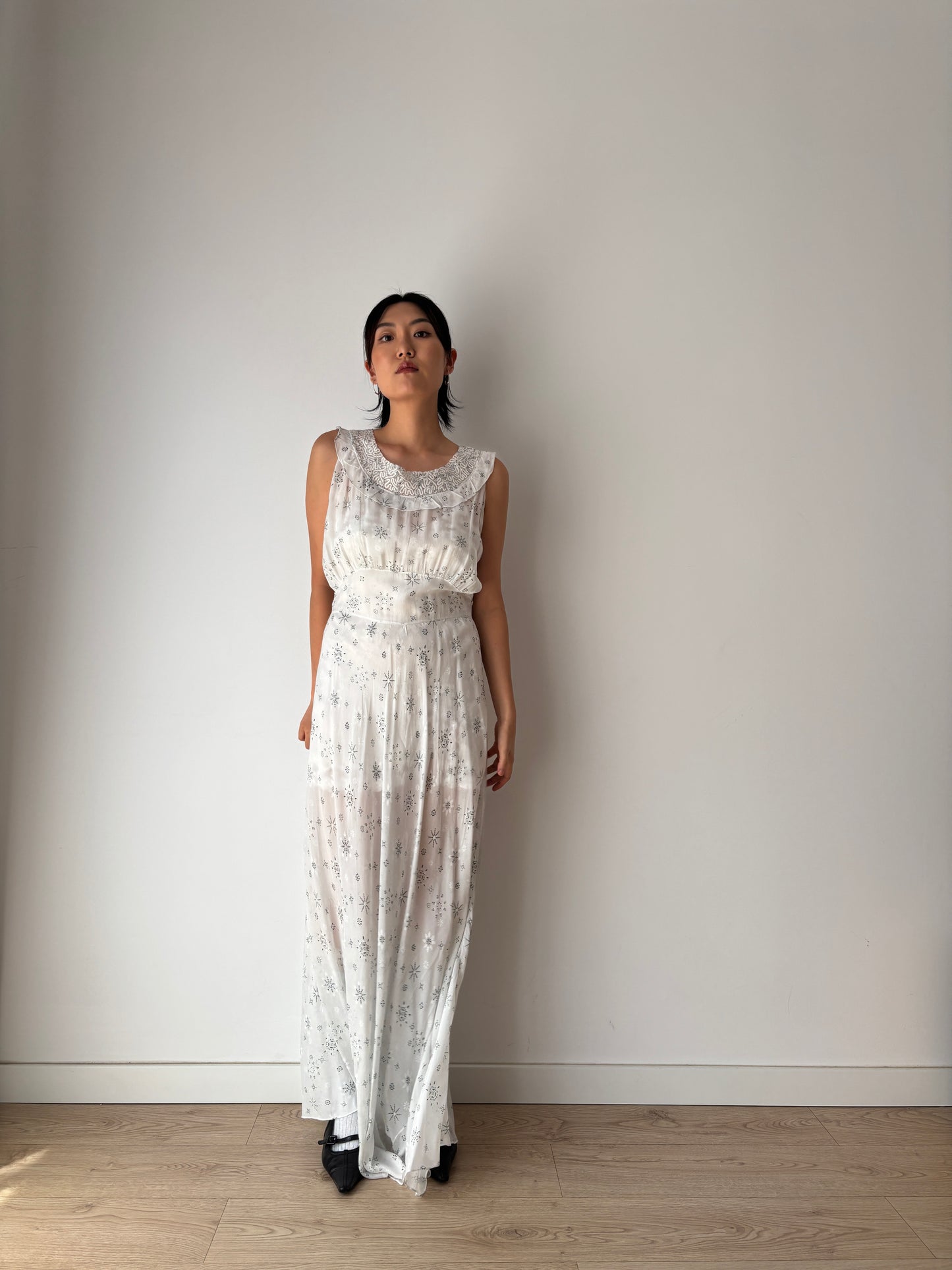 vintage 1940s blue print silk lace ribbon art deco style bias cut dress