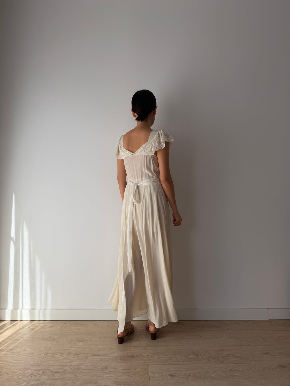 1930s–1940s bias cut Silk Ivory Lace Nightgown, Ruched Bodice and Flutter Sleeves, Vintage Bridal Gown