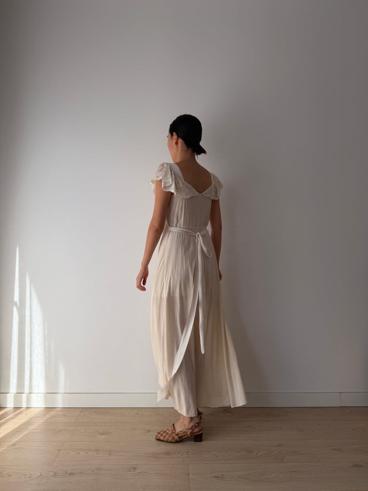 1930s–1940s bias cut Silk Ivory Lace Nightgown, Ruched Bodice and Flutter Sleeves, Vintage Bridal Gown
