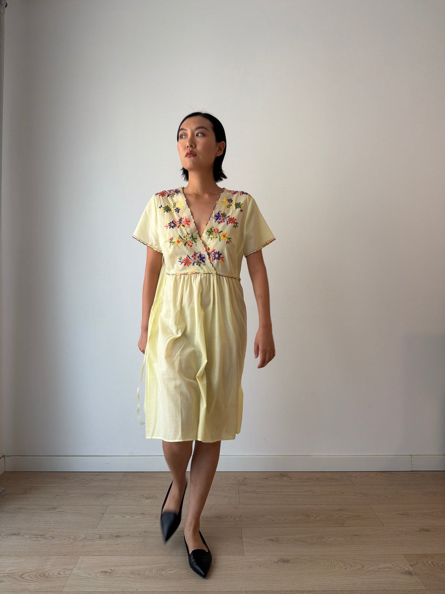 1940s Flower Embroidered Cotton Nightgown in Yellow: Long Slip Dress