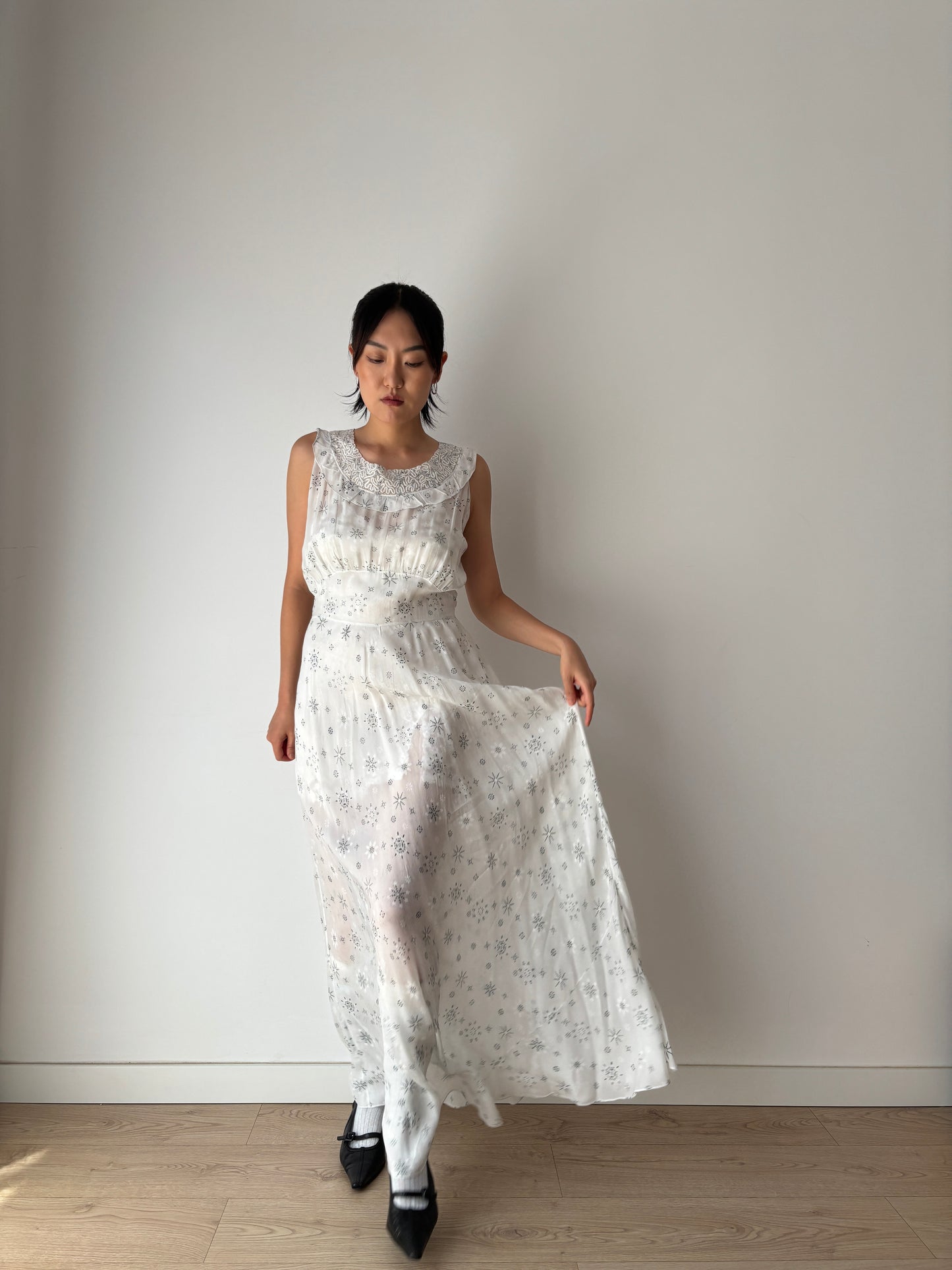 vintage 1940s blue print silk lace ribbon art deco style bias cut dress