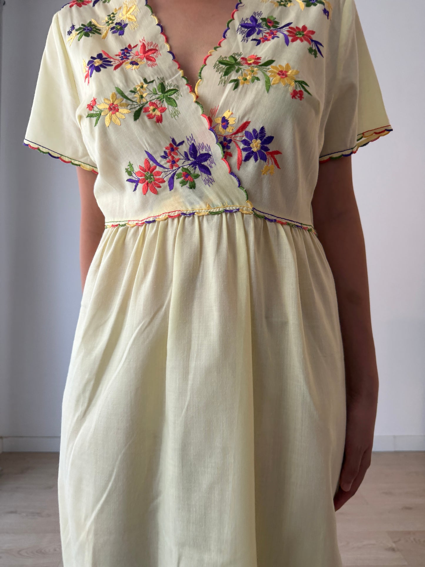 1940s Flower Embroidered Cotton Nightgown in Yellow: Long Slip Dress