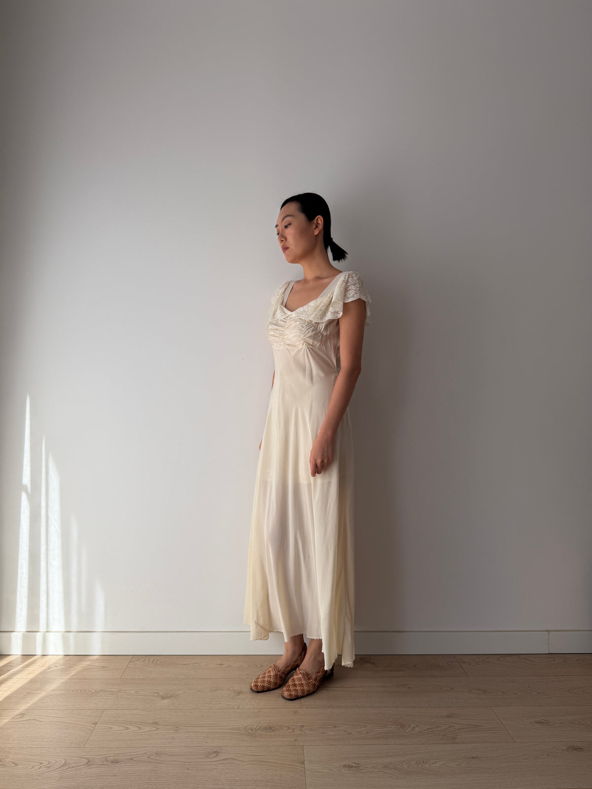 1930s–1940s bias cut Silk Ivory Lace Nightgown, Ruched Bodice and Flutter Sleeves, Vintage Bridal Gown