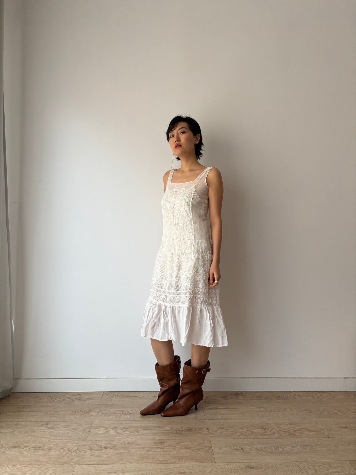 1930s White Cotton Lace NightDress: Handmade Embroidered & Knitted Details in Fine Cotton