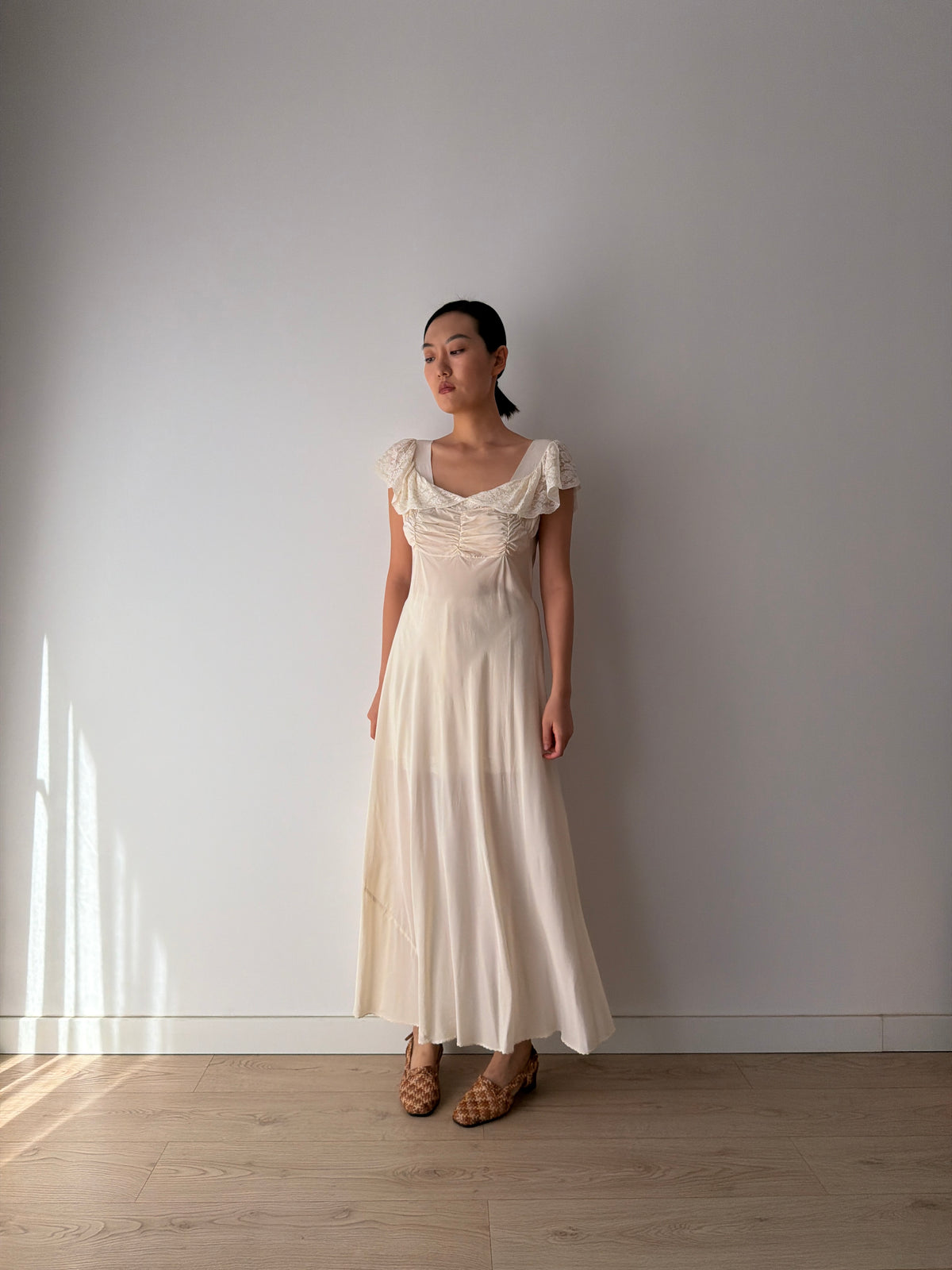 1930s–1940s bias cut Silk Ivory Lace Nightgown, Ruched Bodice and Flutter Sleeves, Vintage Bridal Gown