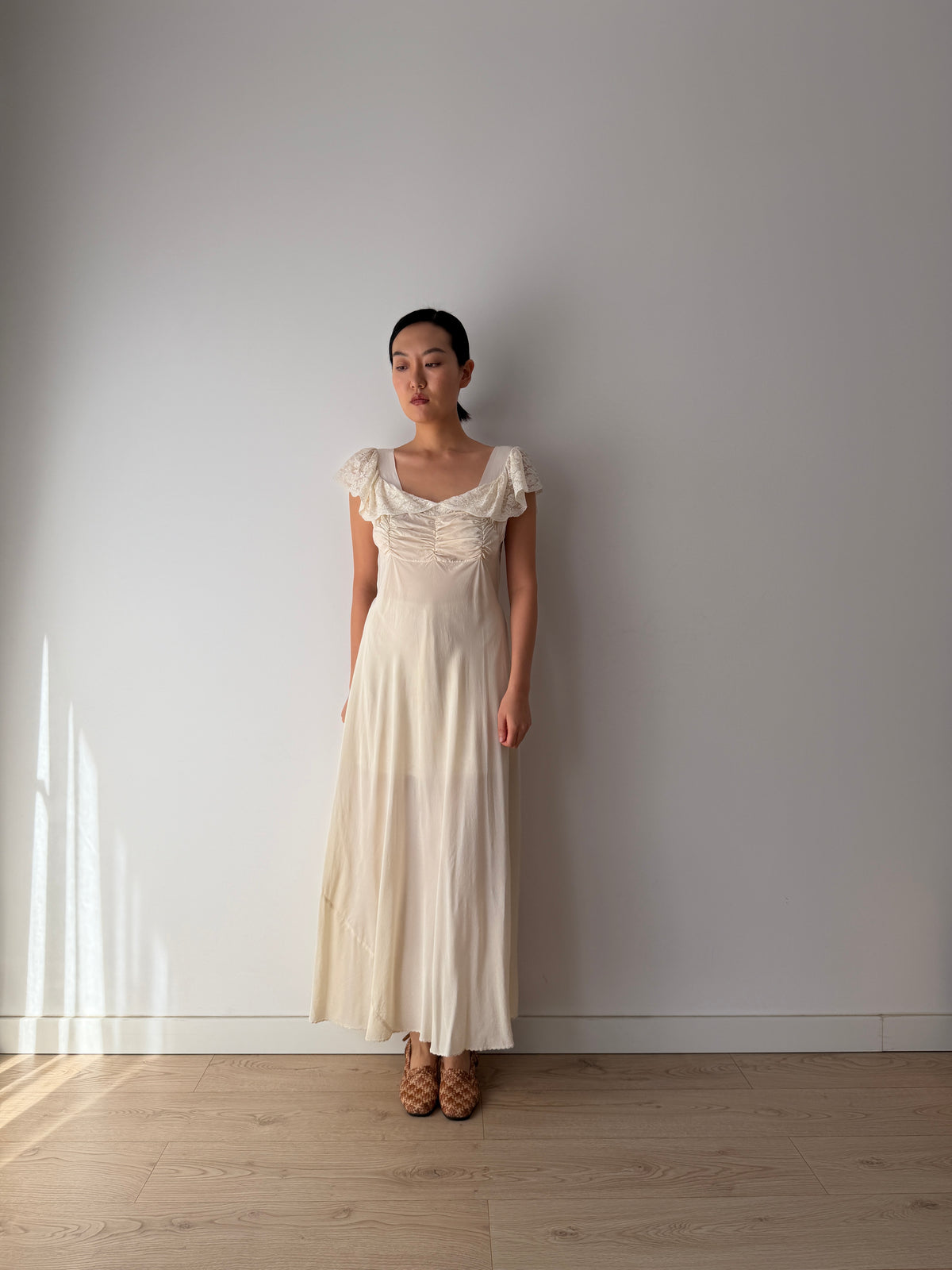 1930s–1940s bias cut Silk Ivory Lace Nightgown, Ruched Bodice and Flutter Sleeves, Vintage Bridal Gown