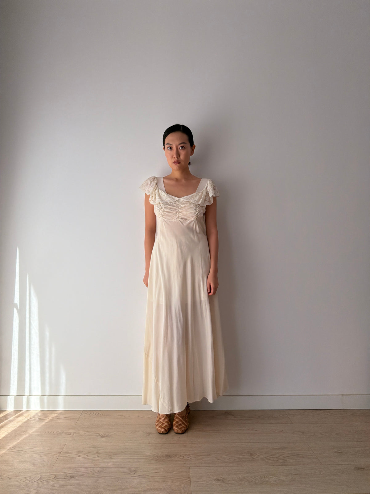 1930s–1940s bias cut Silk Ivory Lace Nightgown, Ruched Bodice and Flutter Sleeves, Vintage Bridal Gown