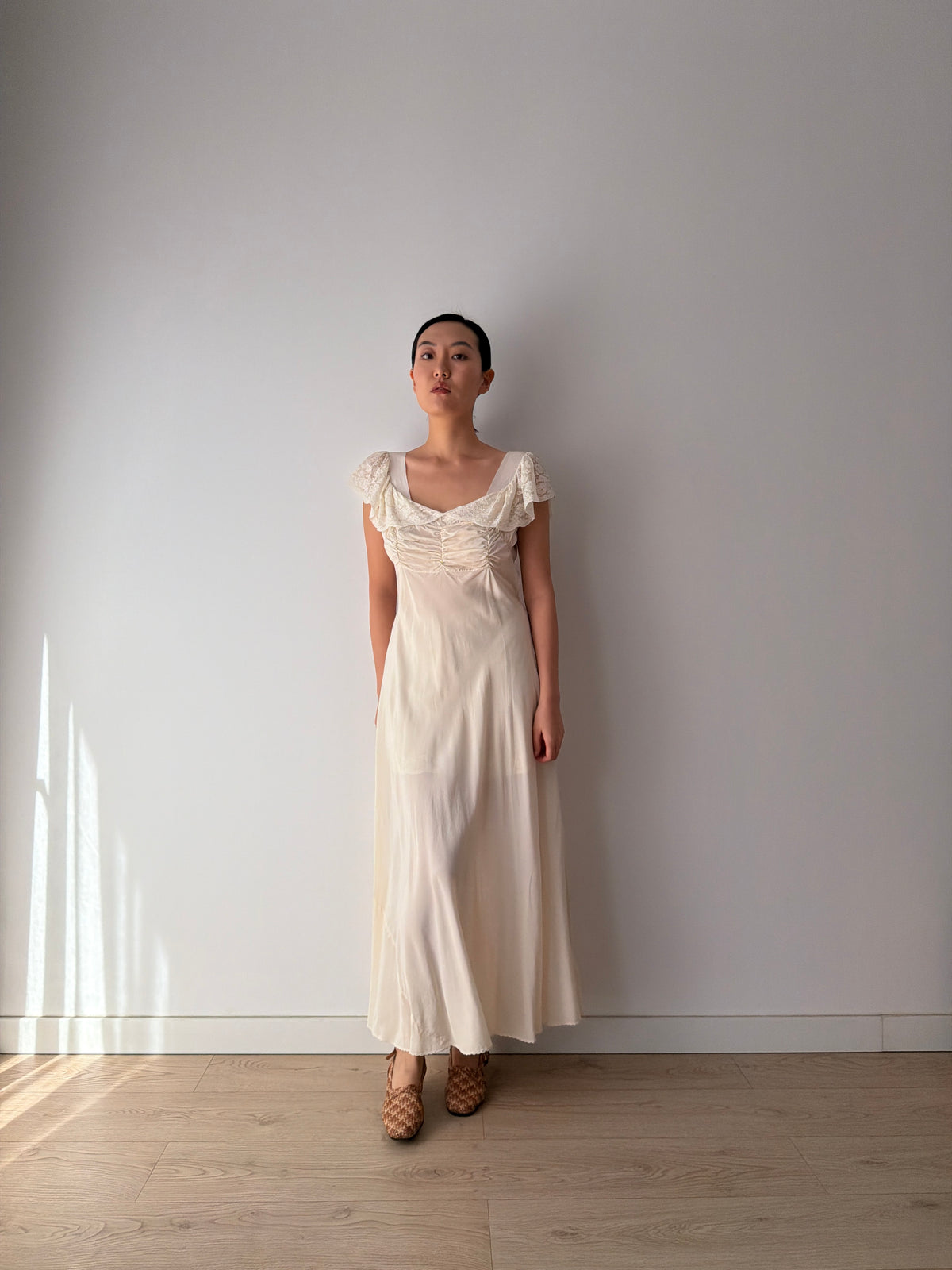 1930s–1940s bias cut Silk Ivory Lace Nightgown, Ruched Bodice and Flutter Sleeves, Vintage Bridal Gown