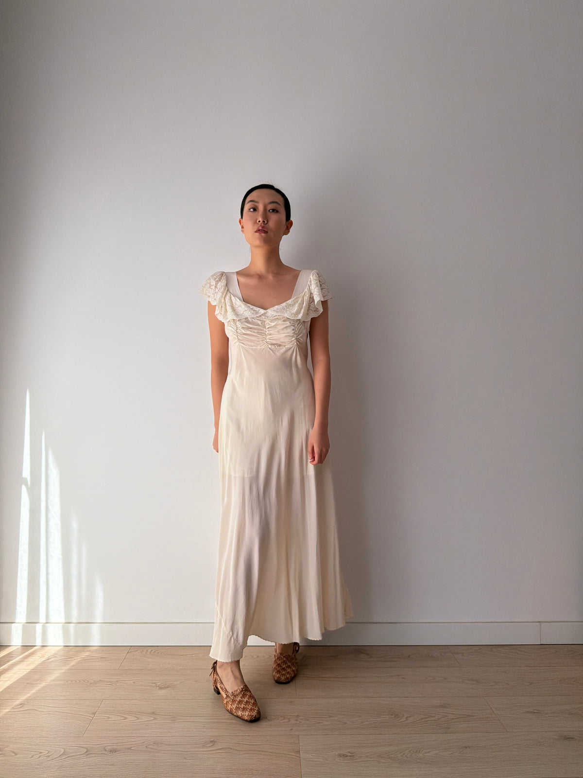 1930s–1940s bias cut Silk Ivory Lace Nightgown, Ruched Bodice and Flutter Sleeves, Vintage Bridal Gown