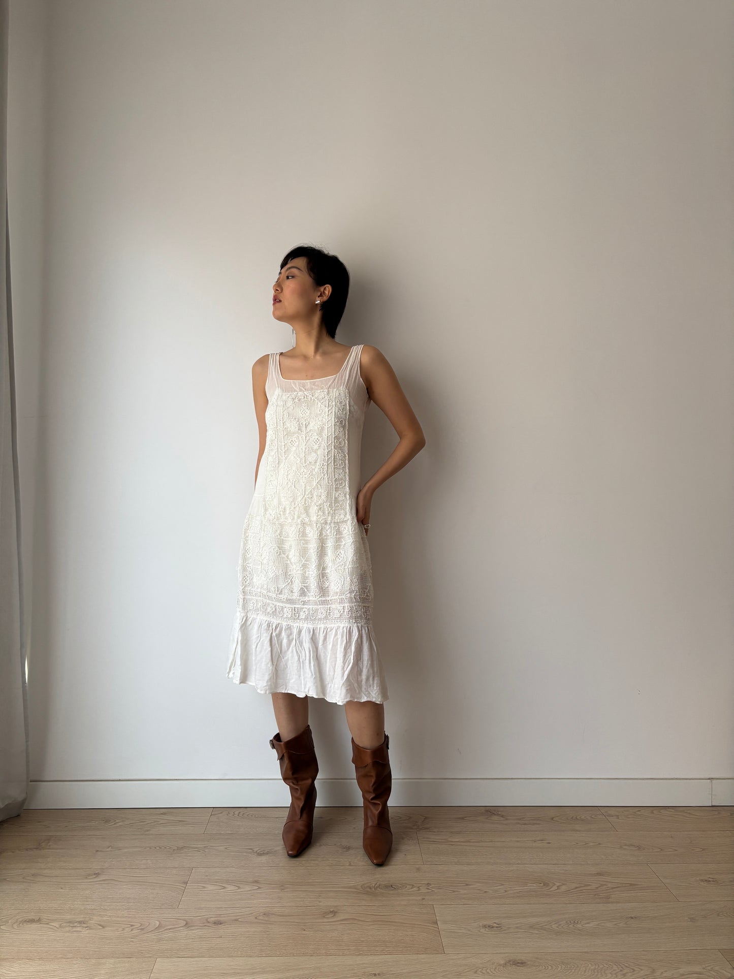 1930s White Cotton Lace NightDress: Handmade Embroidered & Knitted Details in Fine Cotton