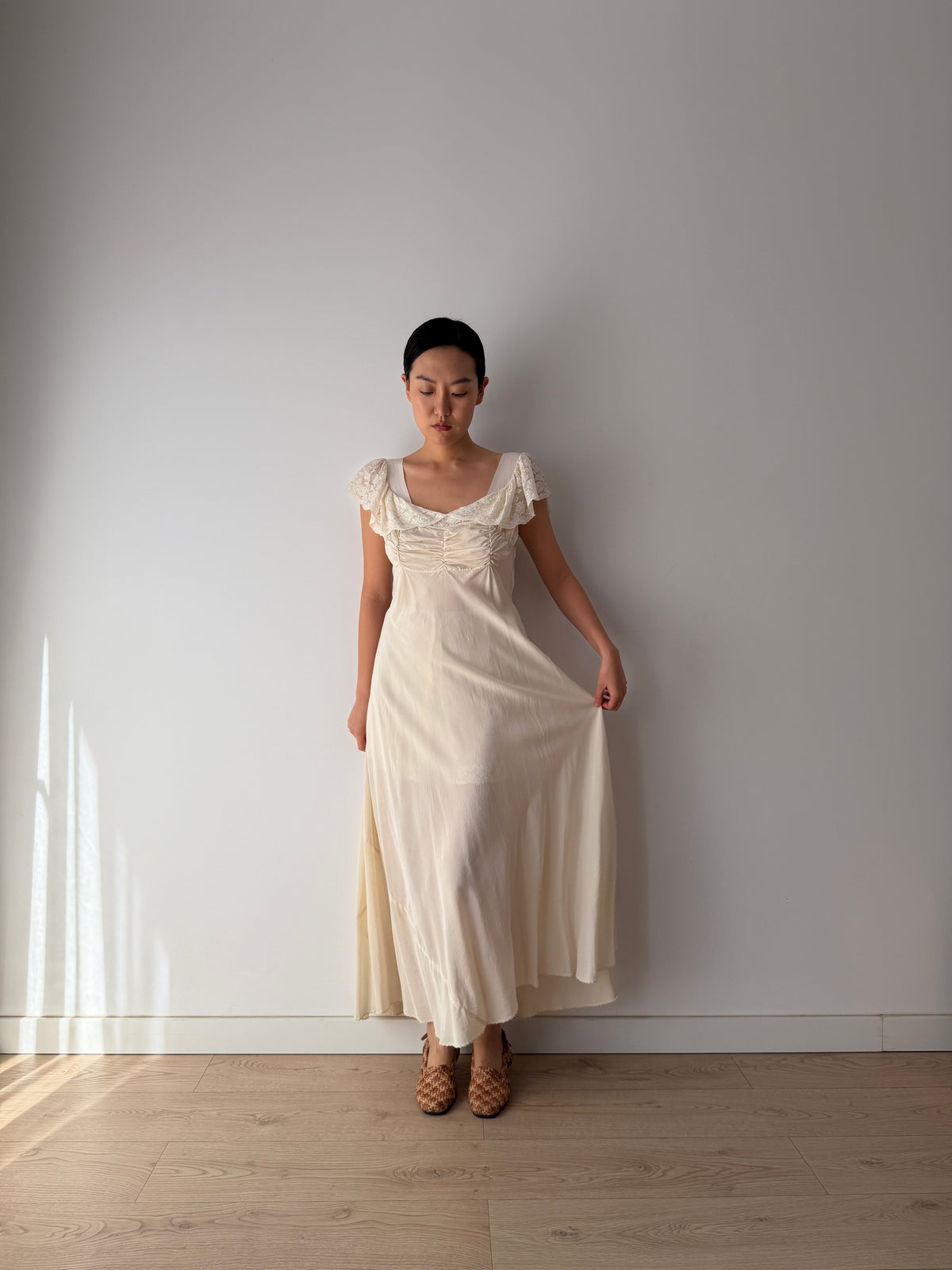 1930s–1940s bias cut Silk Ivory Lace Nightgown, Ruched Bodice and Flutter Sleeves, Vintage Bridal Gown
