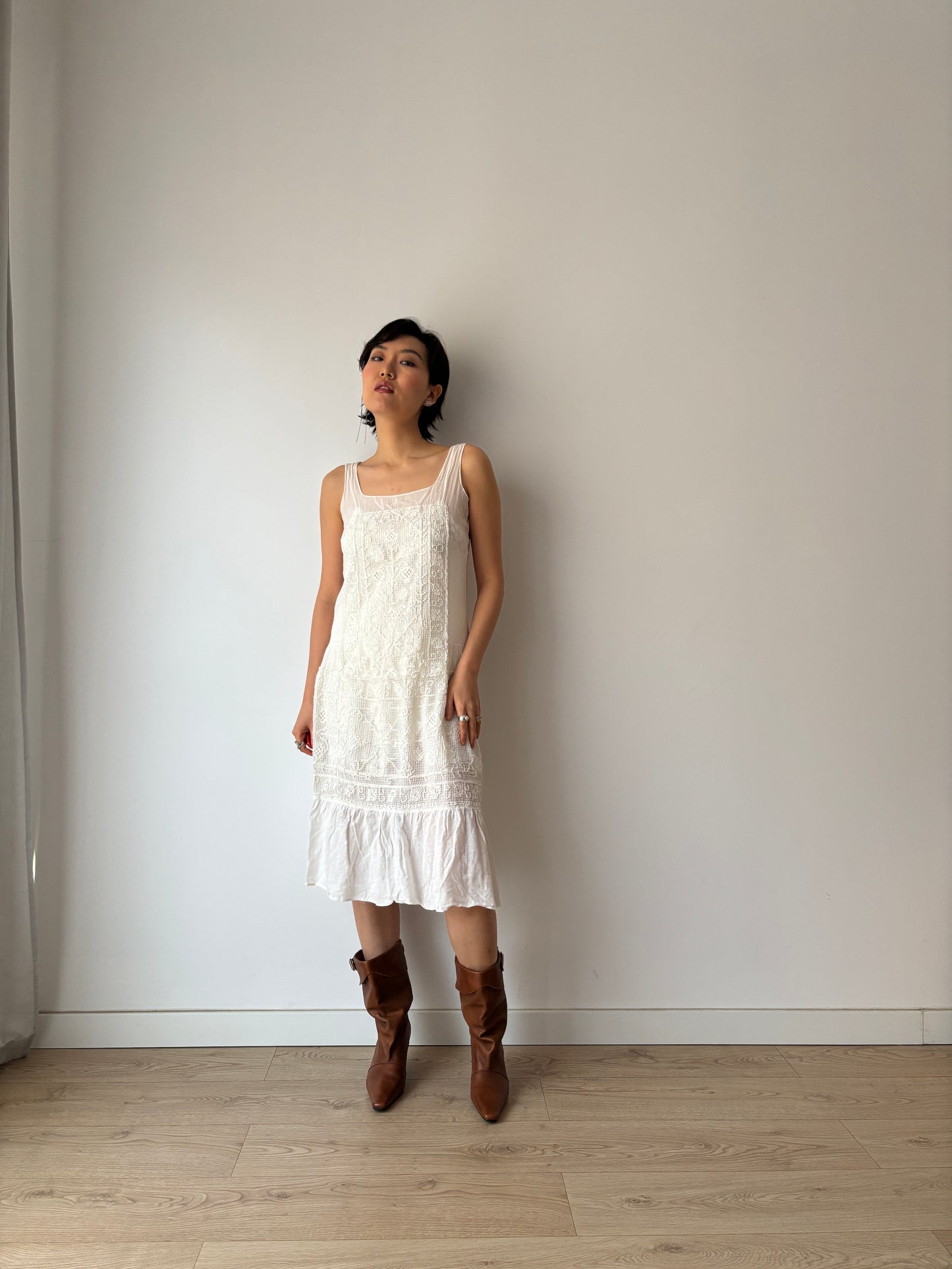 1930s White Cotton Lace NightDress: Handmade Embroidered & Knitted Details in Fine Cotton