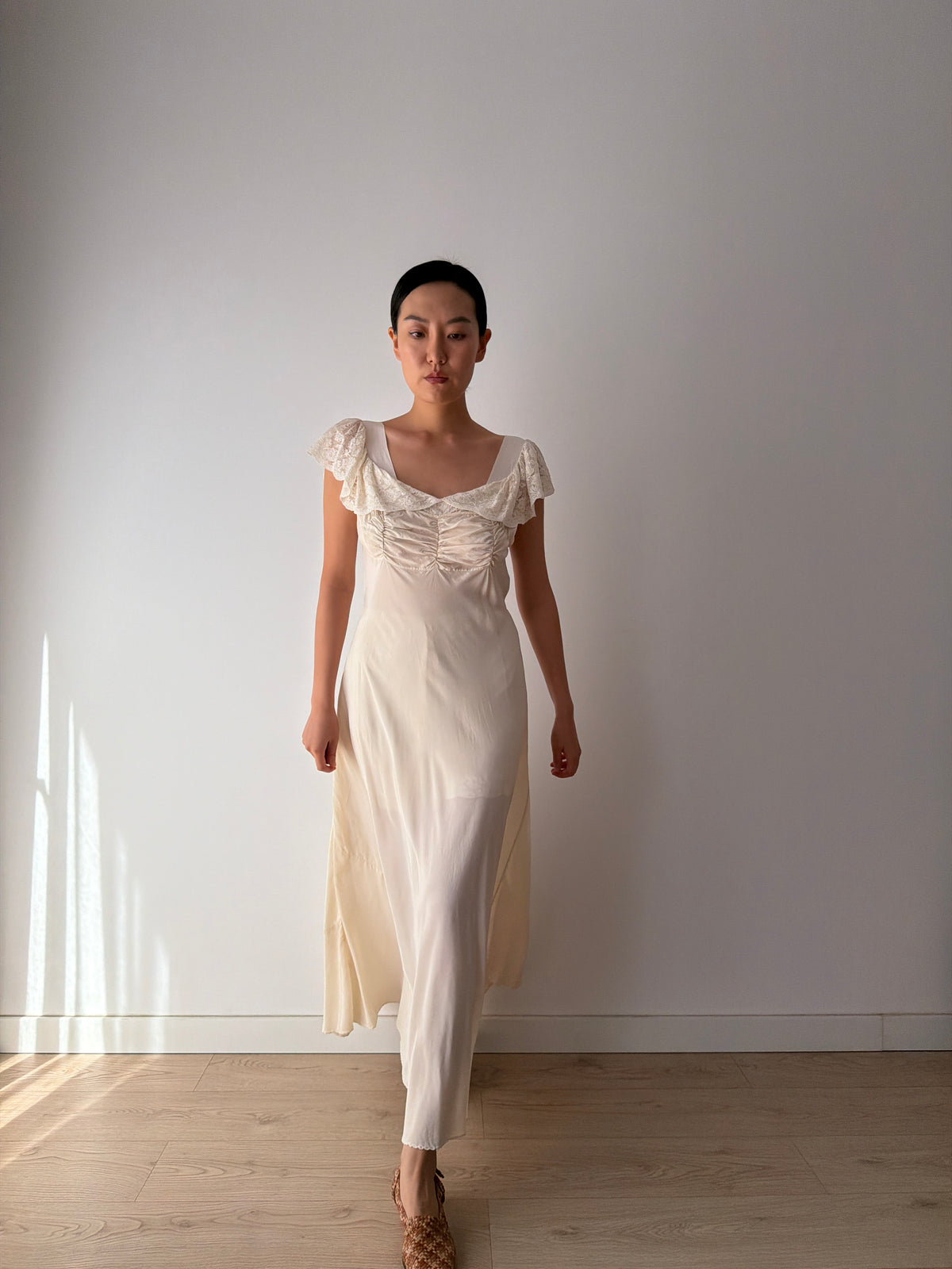 1930s–1940s bias cut Silk Ivory Lace Nightgown, Ruched Bodice and Flutter Sleeves, Vintage Bridal Gown