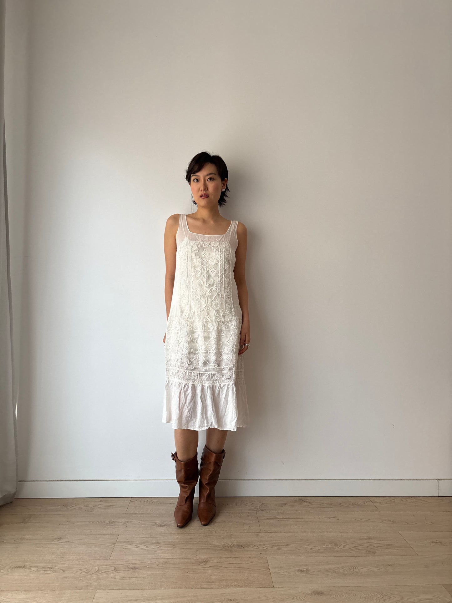 1930s White Cotton Lace NightDress: Handmade Embroidered & Knitted Details in Fine Cotton