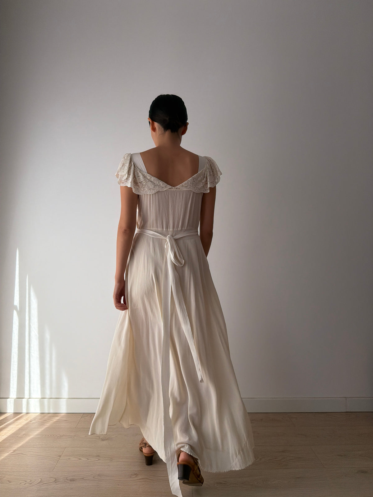 1930s–1940s bias cut Silk Ivory Lace Nightgown, Ruched Bodice and Flutter Sleeves, Vintage Bridal Gown