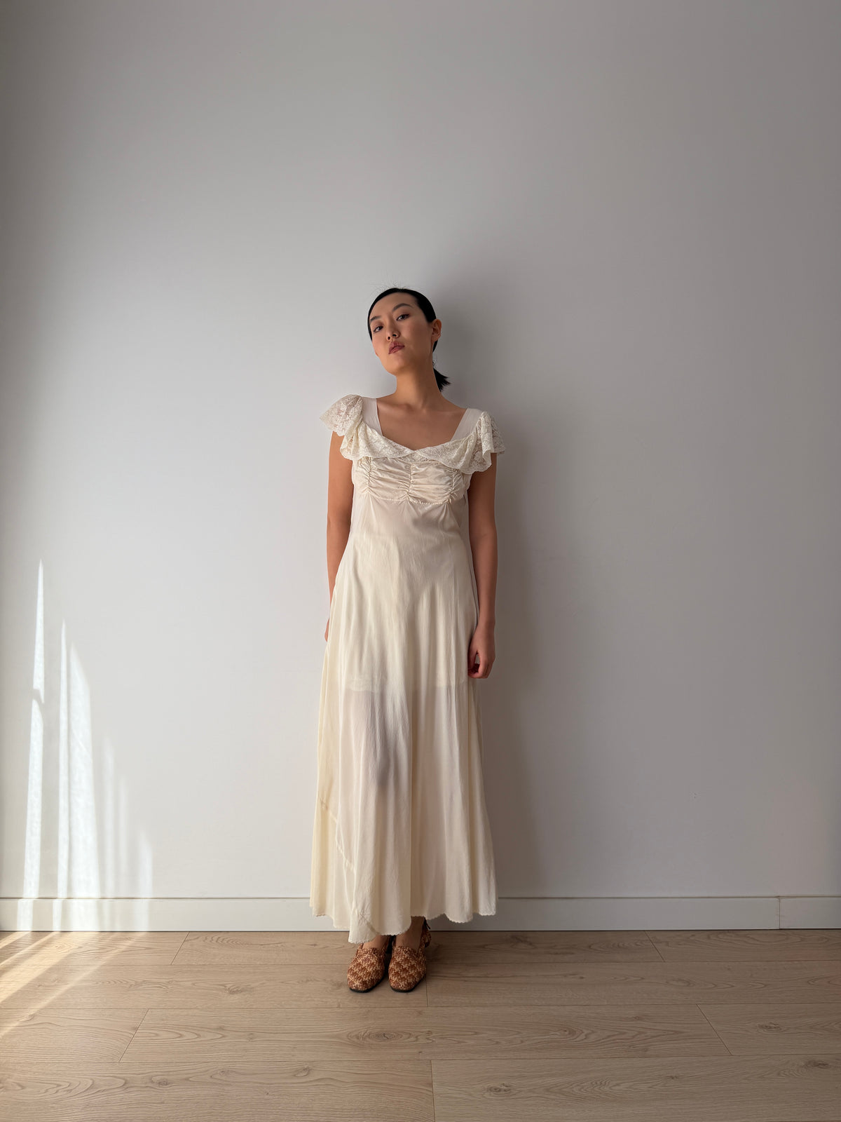 1930s–1940s bias cut Silk Ivory Lace Nightgown, Ruched Bodice and Flutter Sleeves, Vintage Bridal Gown