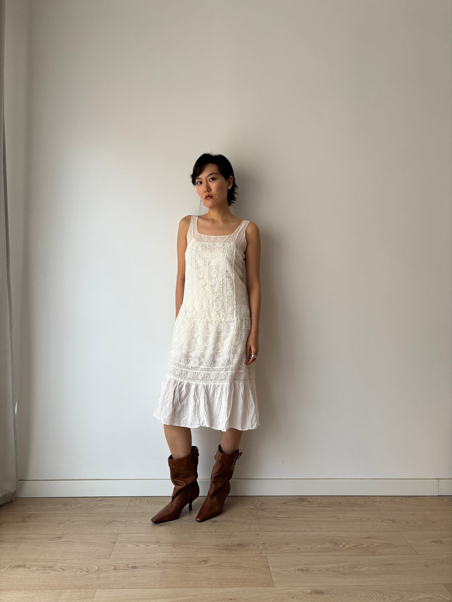 1930s White Cotton Lace NightDress: Handmade Embroidered & Knitted Details in Fine Cotton