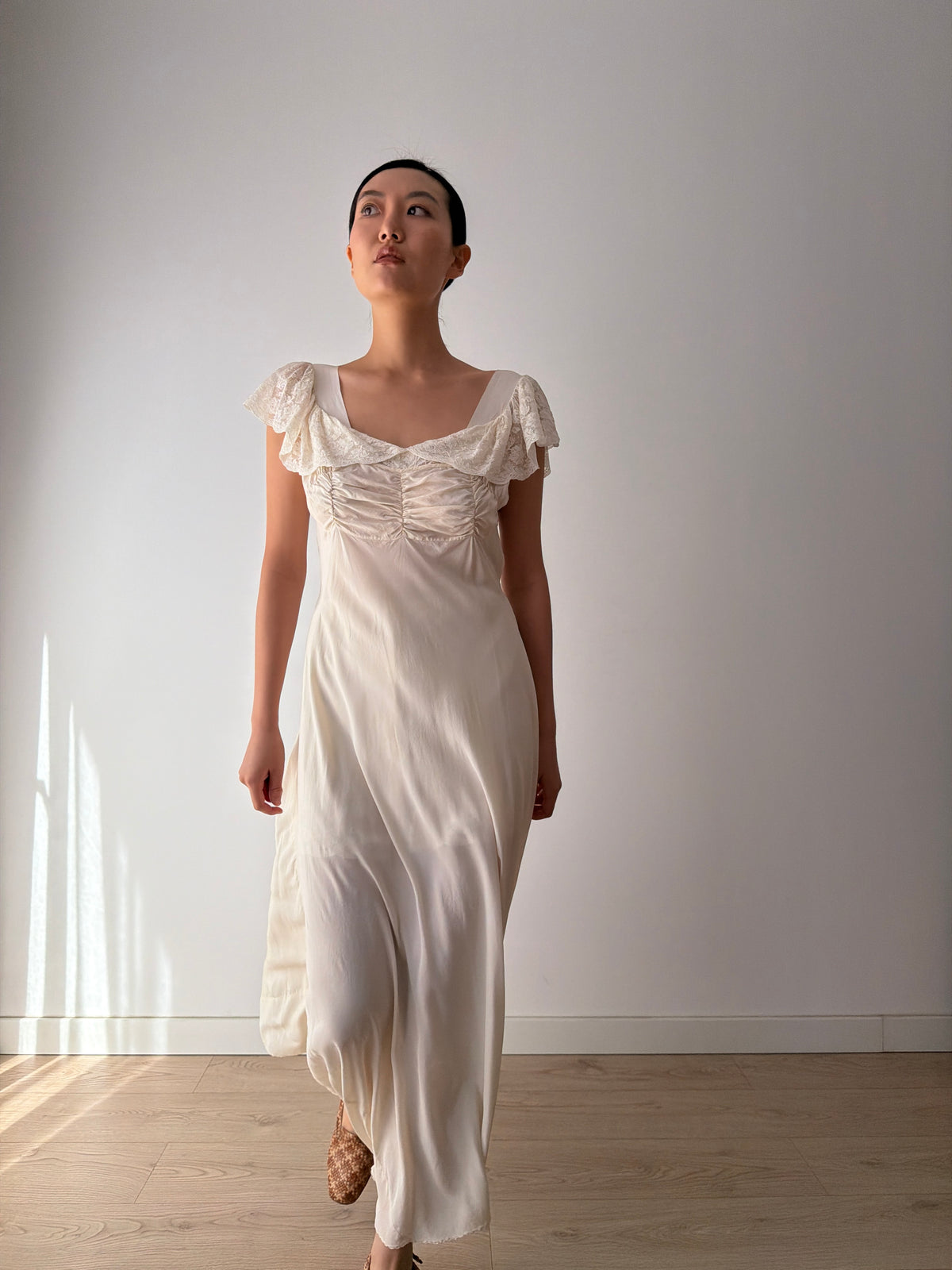 1930s–1940s bias cut Silk Ivory Lace Nightgown, Ruched Bodice and Flutter Sleeves, Vintage Bridal Gown