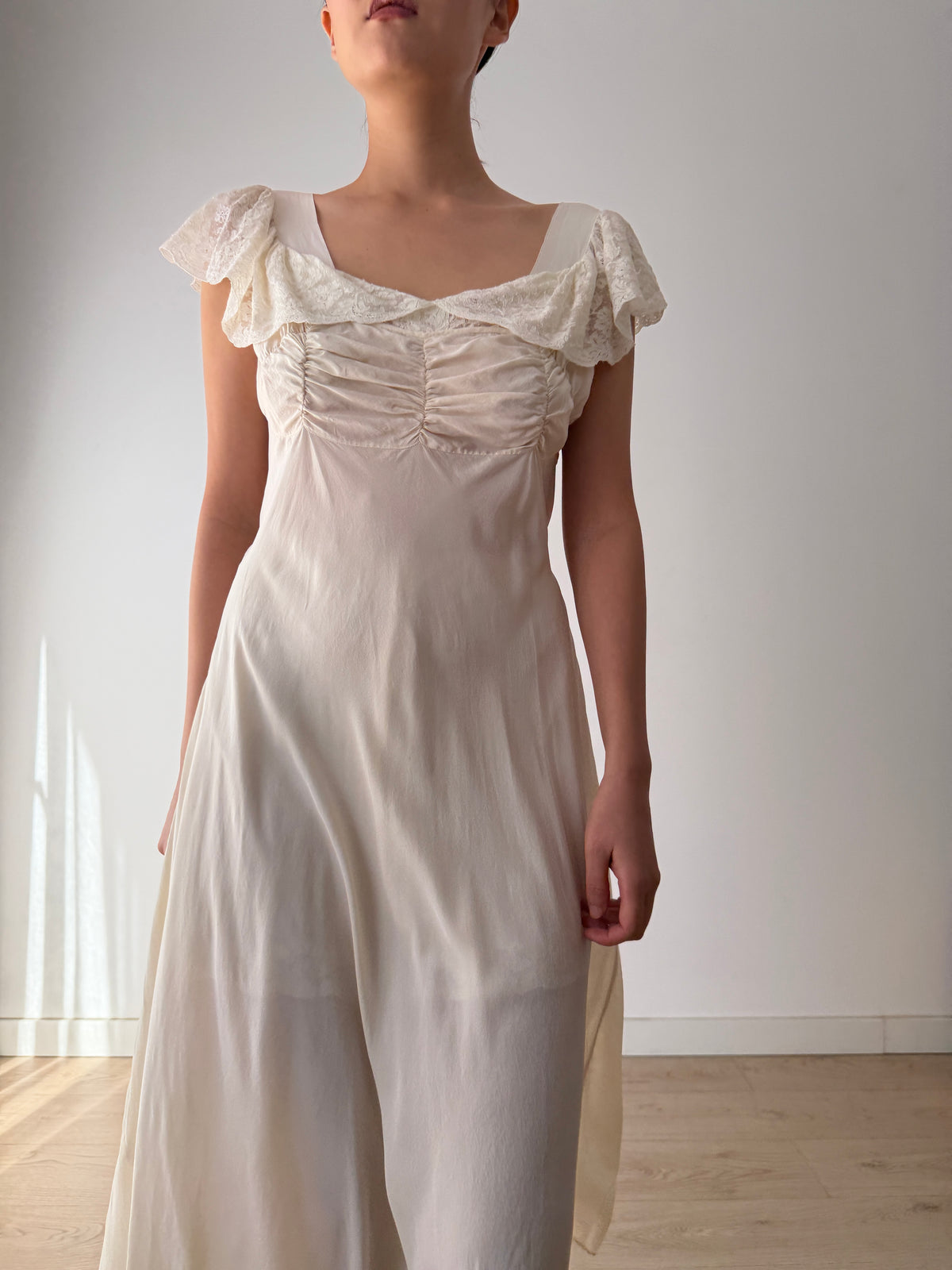 1930s–1940s bias cut Silk Ivory Lace Nightgown, Ruched Bodice and Flutter Sleeves, Vintage Bridal Gown