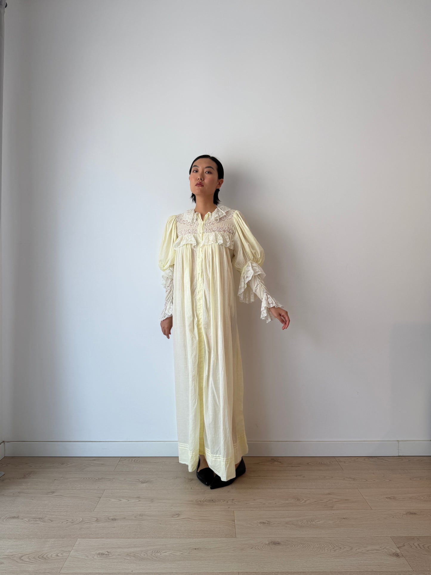 Antique 1900s 1910s Edwardian Cotton Yellow Nightgown with Leg-of-mutton Bishop sleeves and layered lace flounce cuffs