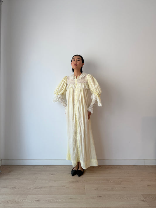 Antique 1900s 1910s Edwardian Cotton Yellow Nightgown with Leg-of-mutton Bishop sleeves and layered lace flounce cuffs