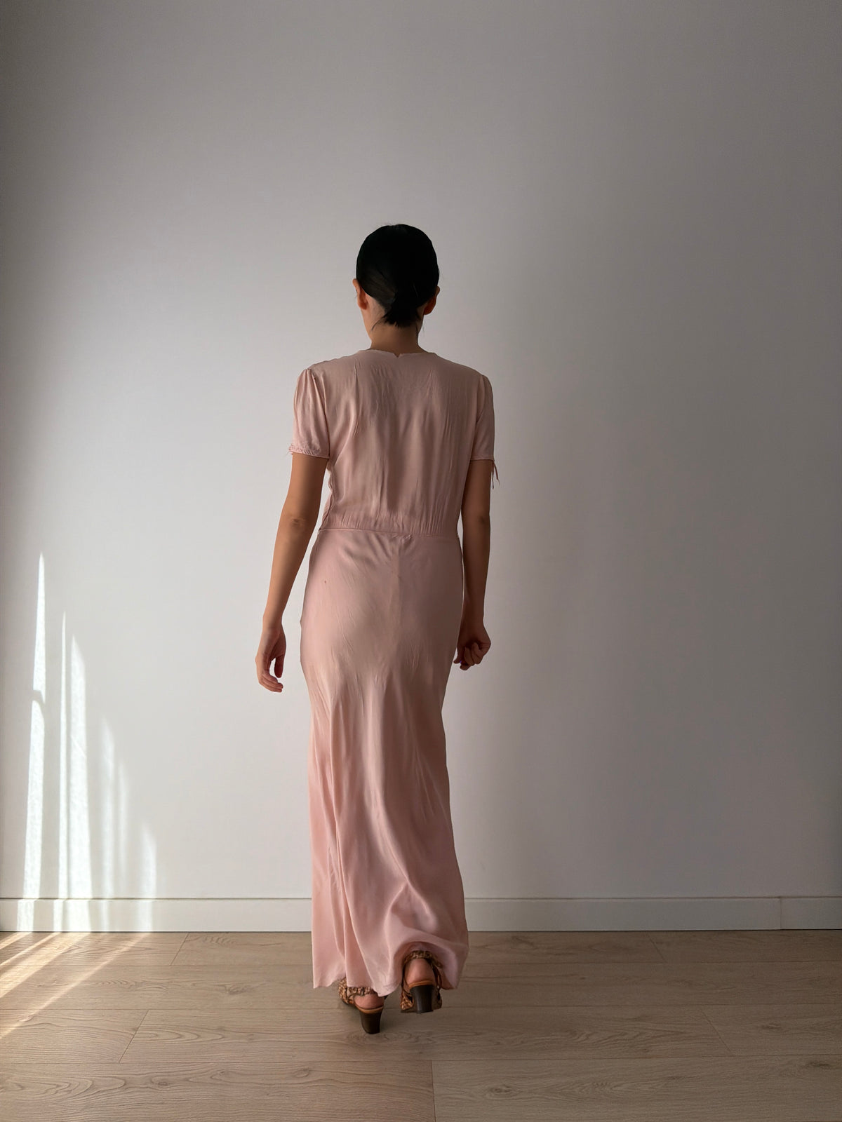 1940s Pink Silk Nightgown, Short Puff Sleeves and Embroidered Neckline, Vintage Maxi Dress