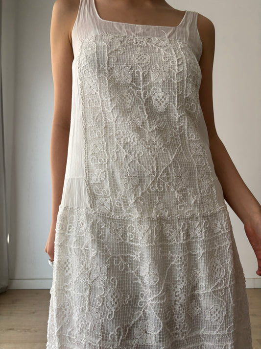 1930s White Cotton Lace NightDress: Handmade Embroidered & Knitted Details in Fine Cotton