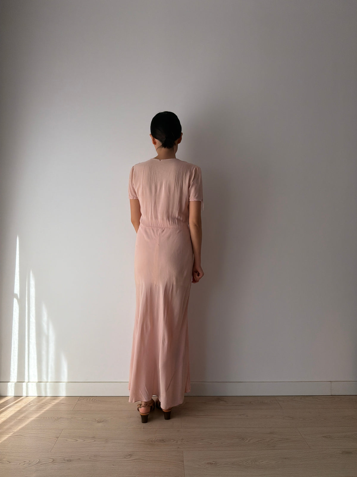 1940s Pink Silk Nightgown, Short Puff Sleeves and Embroidered Neckline, Vintage Maxi Dress