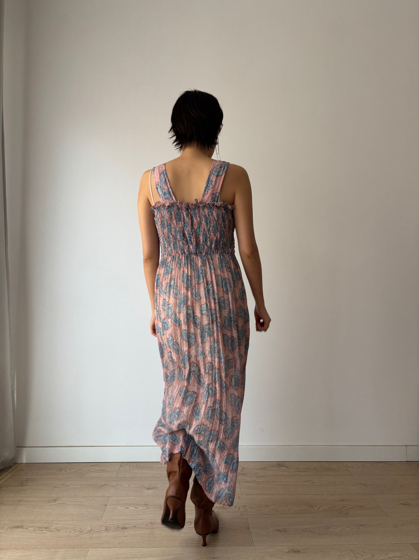 1930s Blue Pink Floral Silk Chiffon Dress