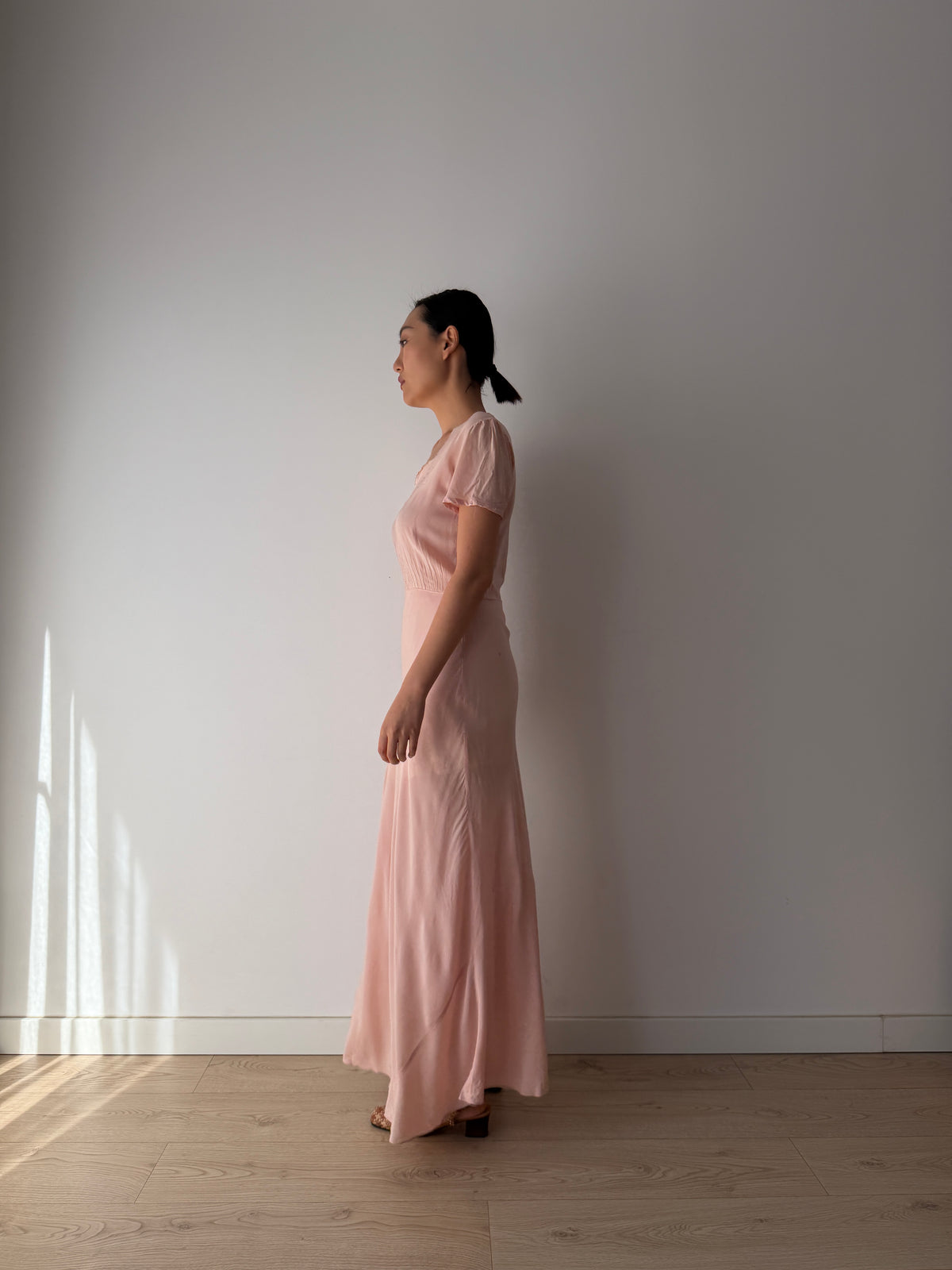 1940s Pink Silk Nightgown, Short Puff Sleeves and Embroidered Neckline, Vintage Maxi Dress