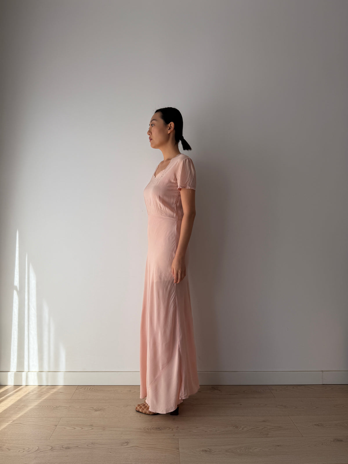 1940s Pink Silk Nightgown, Short Puff Sleeves and Embroidered Neckline, Vintage Maxi Dress