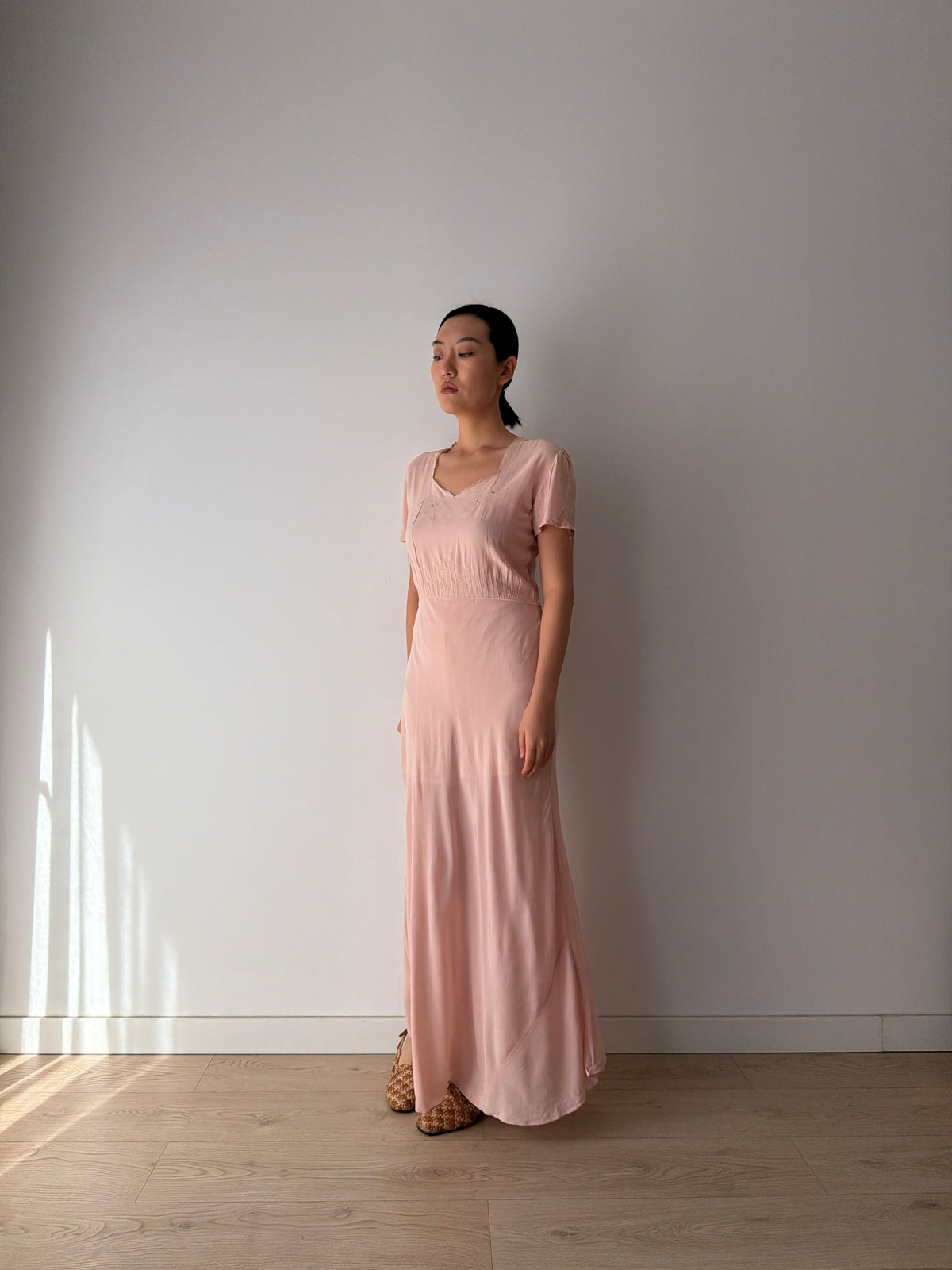 1940s Pink Silk Nightgown, Short Puff Sleeves and Embroidered Neckline, Vintage Maxi Dress