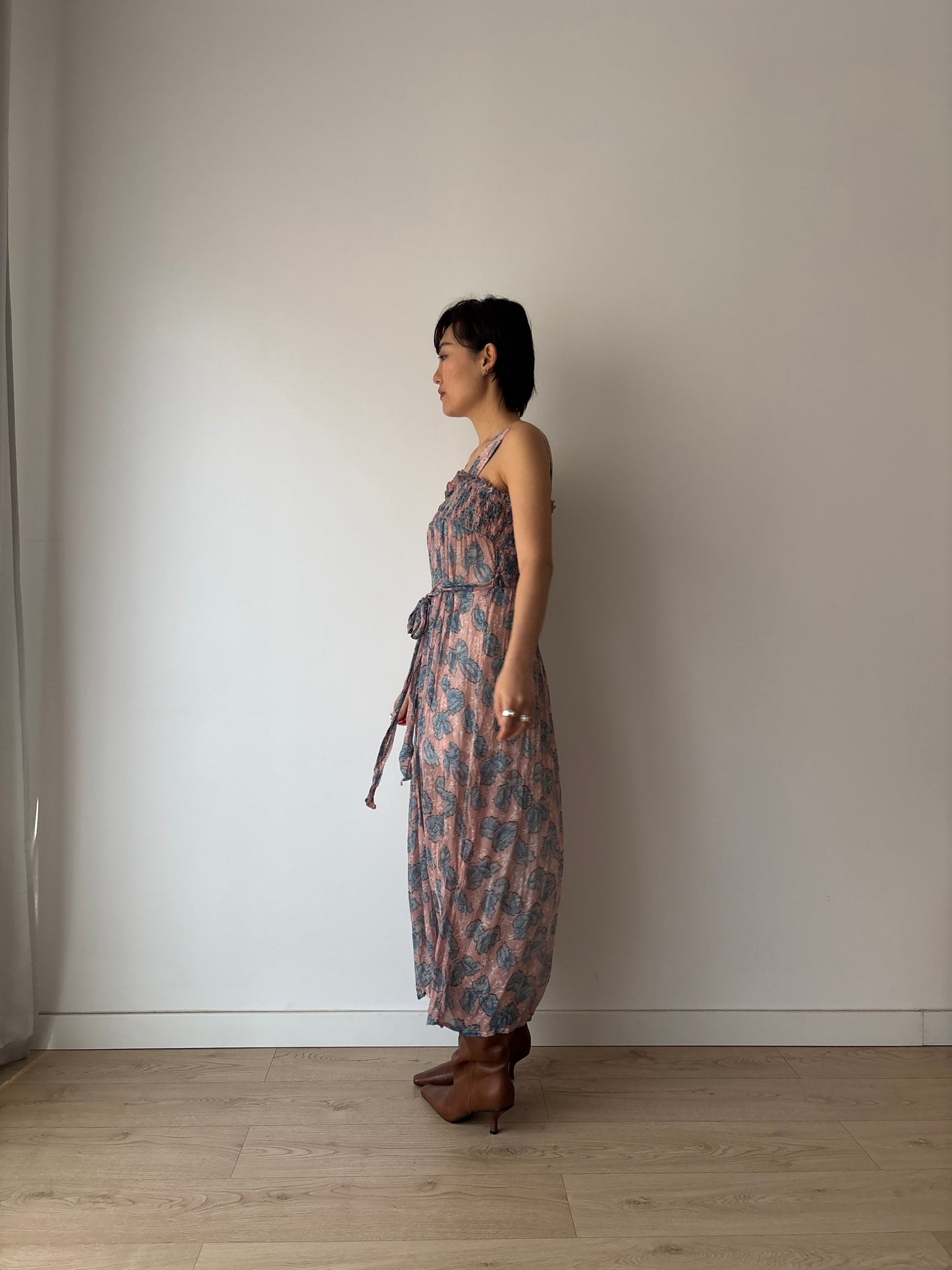 1930s Blue Pink Floral Silk Chiffon Dress