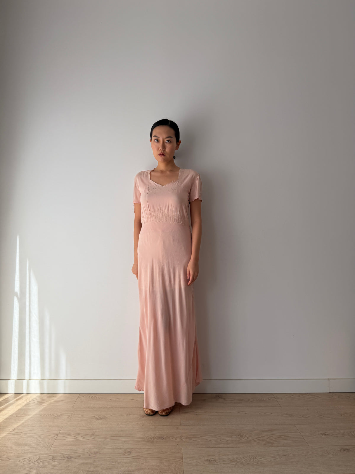1940s Pink Silk Nightgown, Short Puff Sleeves and Embroidered Neckline, Vintage Maxi Dress