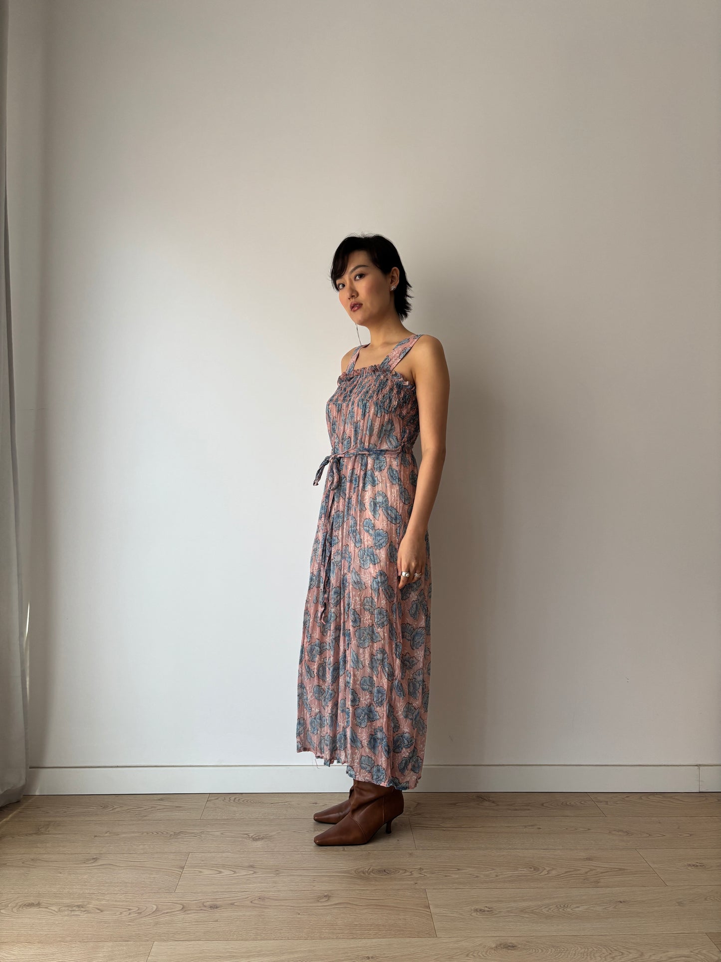 1930s Blue Pink Floral Silk Chiffon Dress