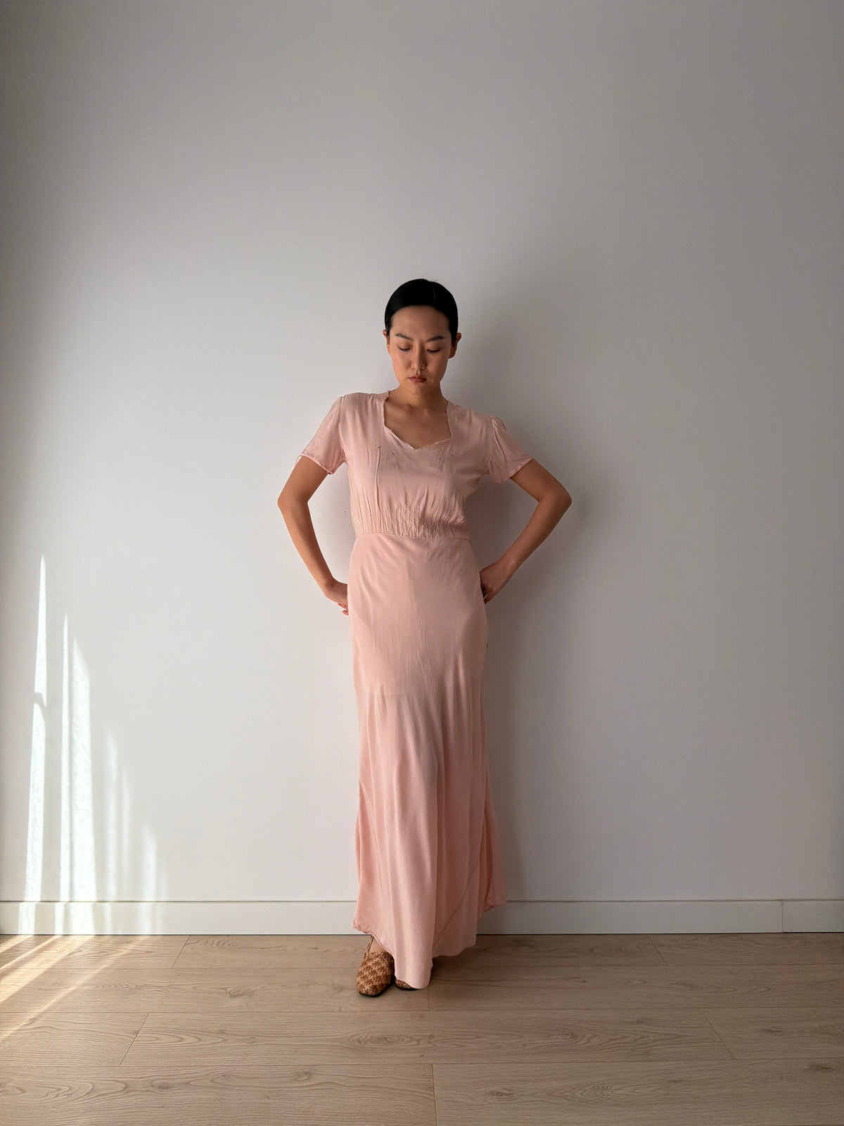 1940s Pink Silk Nightgown, Short Puff Sleeves and Embroidered Neckline, Vintage Maxi Dress