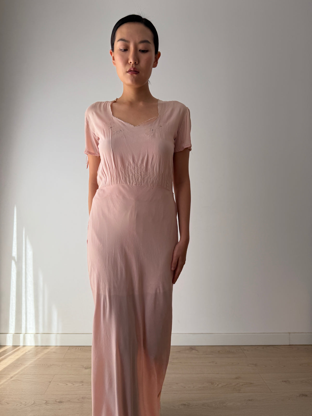 1940s Pink Silk Nightgown, Short Puff Sleeves and Embroidered Neckline, Vintage Maxi Dress